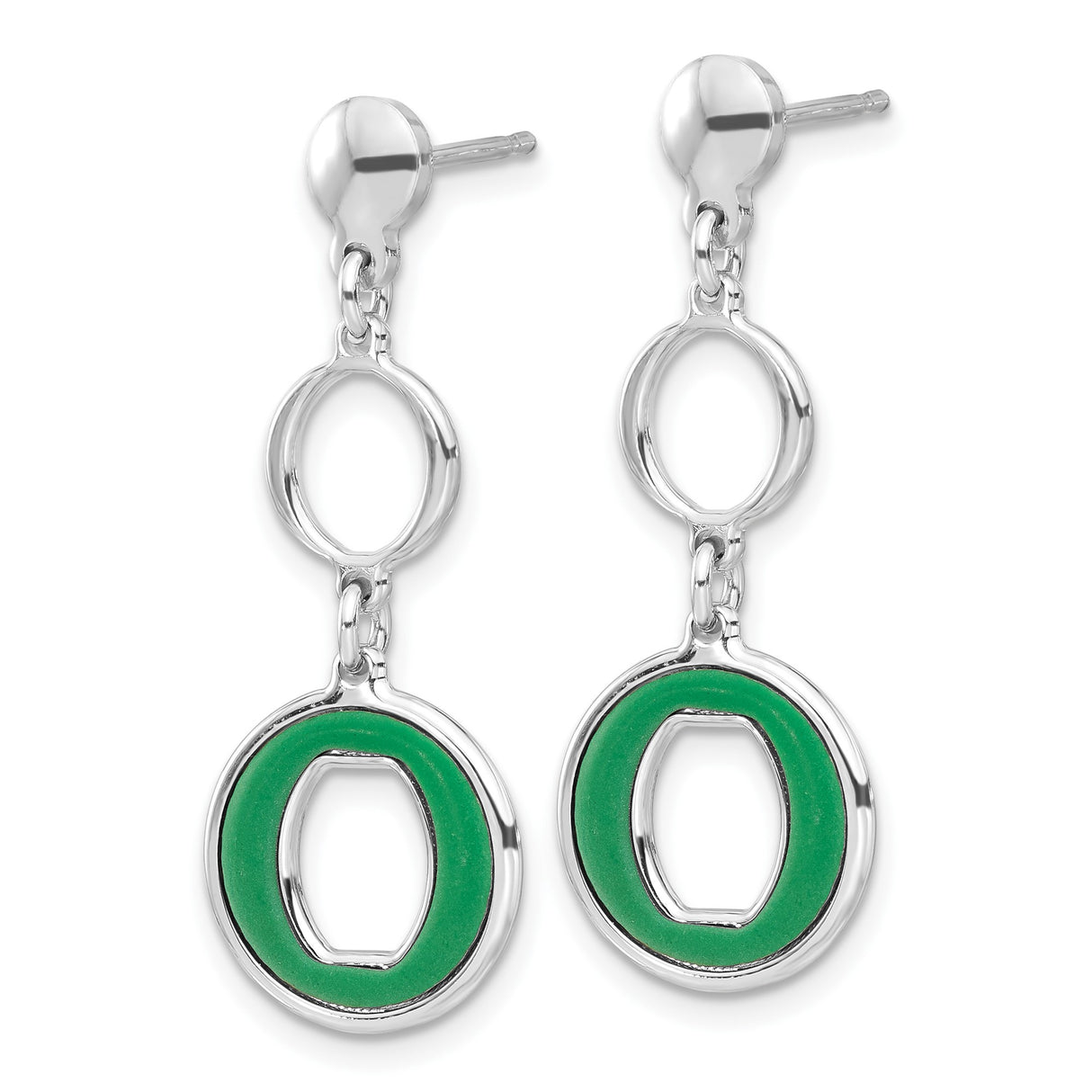 Sterling Silver Dangle Earrings with Green Enamel Accents, Modern Geometric Open Circle Design