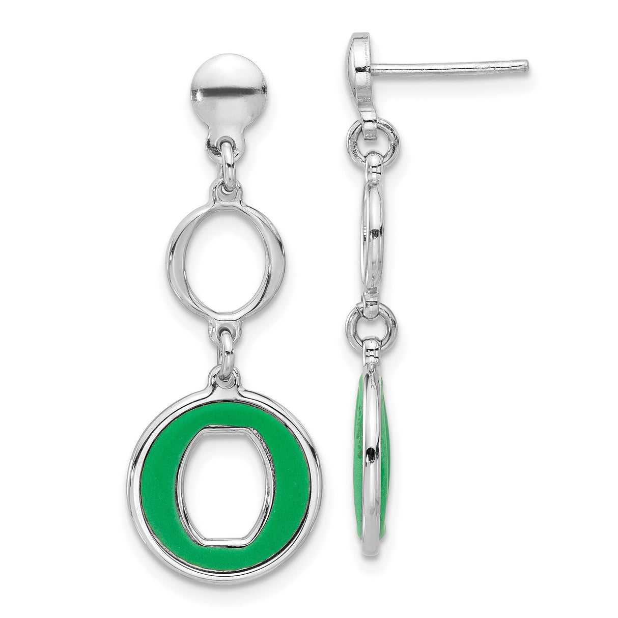 Sterling Silver Dangle Earrings with Green Enamel Accents, Modern Geometric Open Circle Design