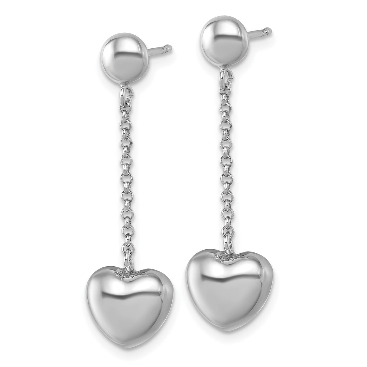 Sterling Silver Dangle Earrings with Polished Puffed Heart Charm on Chain