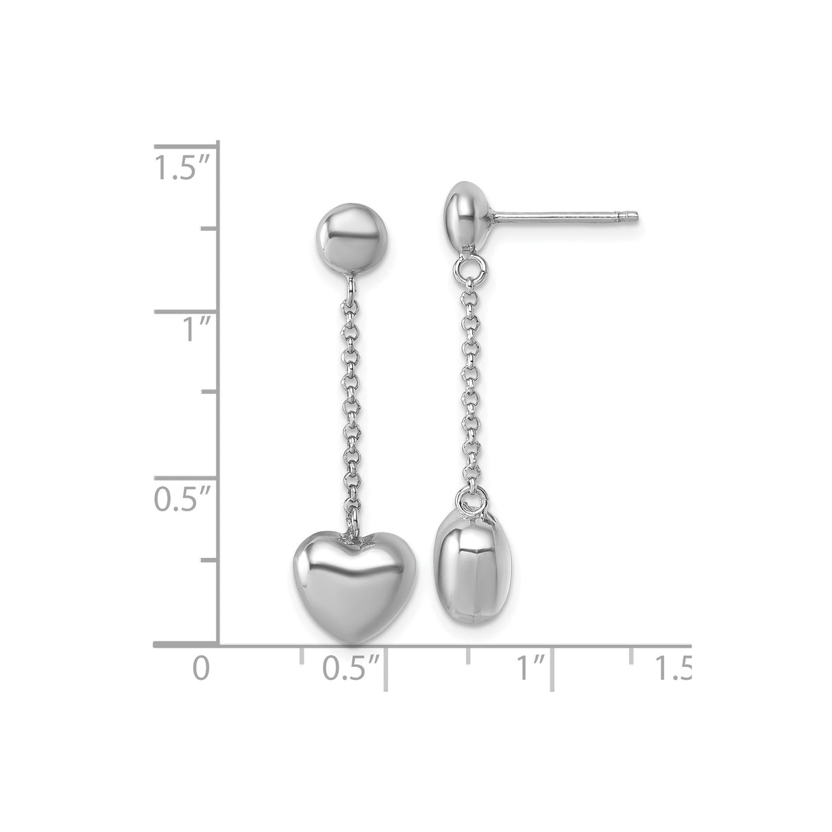 Sterling Silver Dangle Earrings with Polished Puffed Heart Charm on Chain