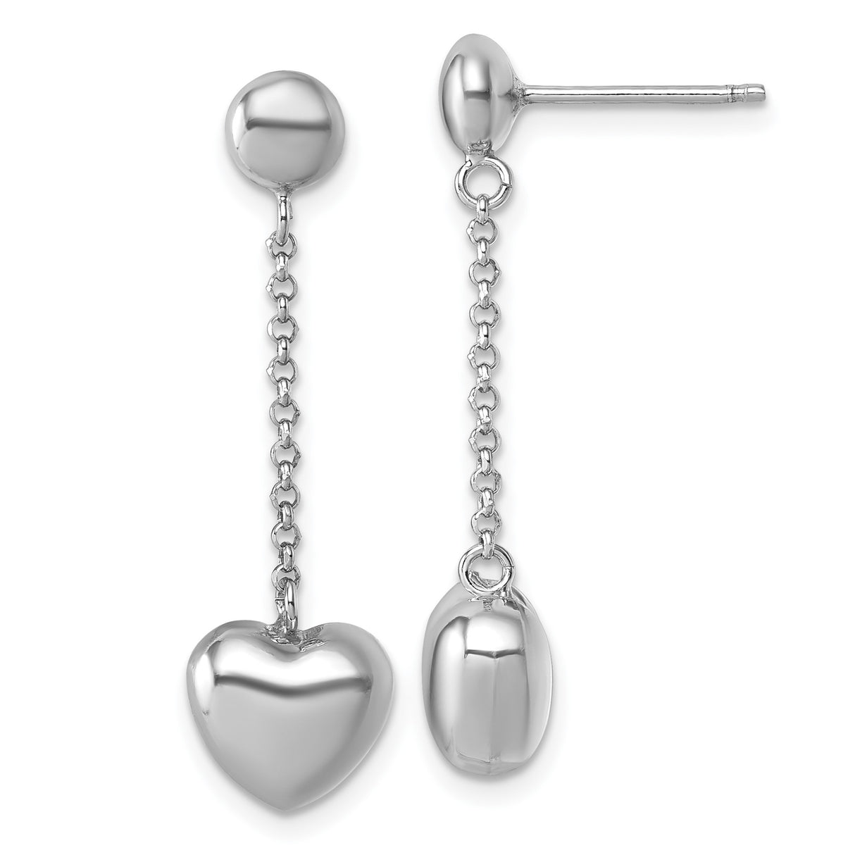 Sterling Silver Dangle Earrings with Polished Puffed Heart Charm on Chain