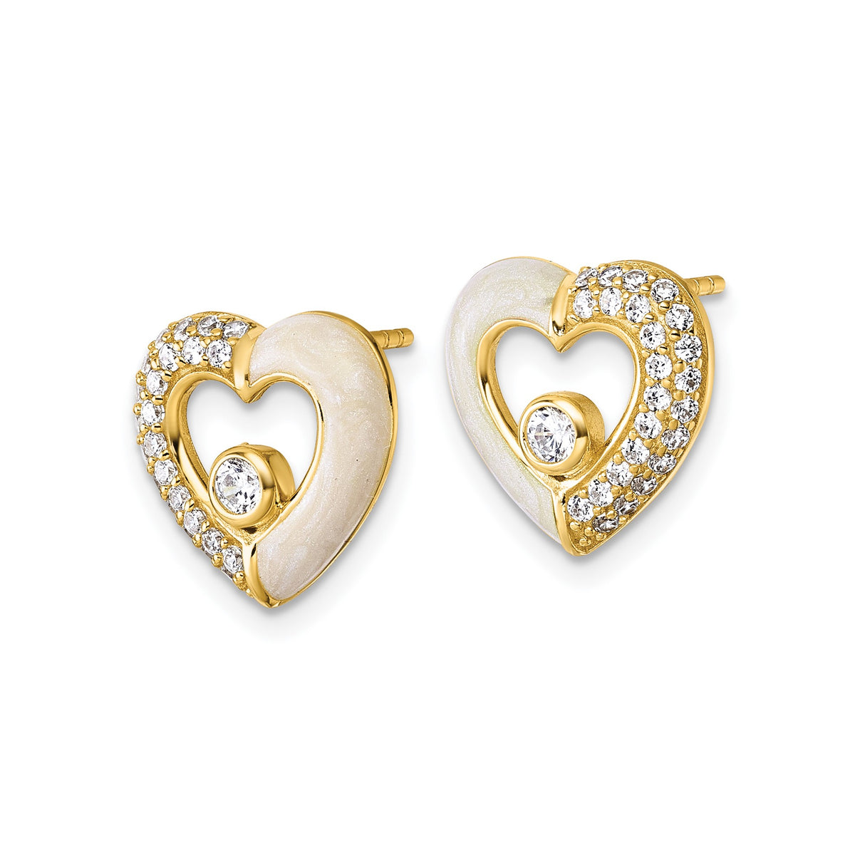 Sterling Silver Heart Stud Earrings with Cubic Zirconia and Gold Plated Open Heart Design