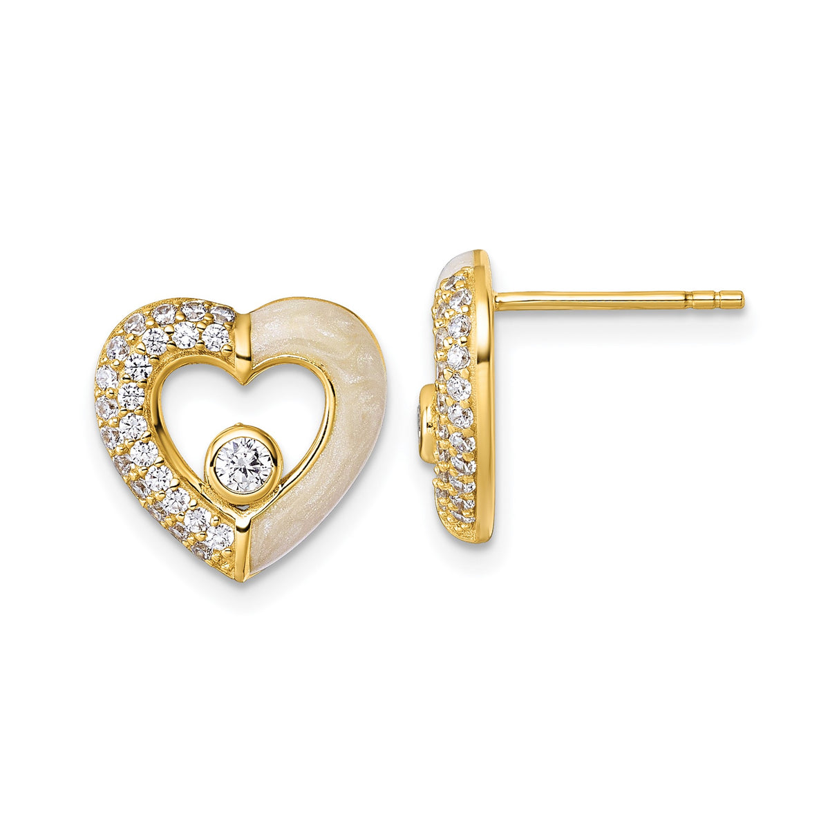 Sterling Silver Heart Stud Earrings with Cubic Zirconia and Gold Plated Open Heart Design