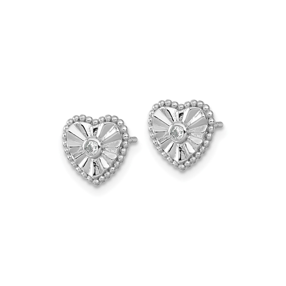 Sterling Silver Heart Stud Earrings with Cubic Zirconia, Sunburst Design, Beaded Border