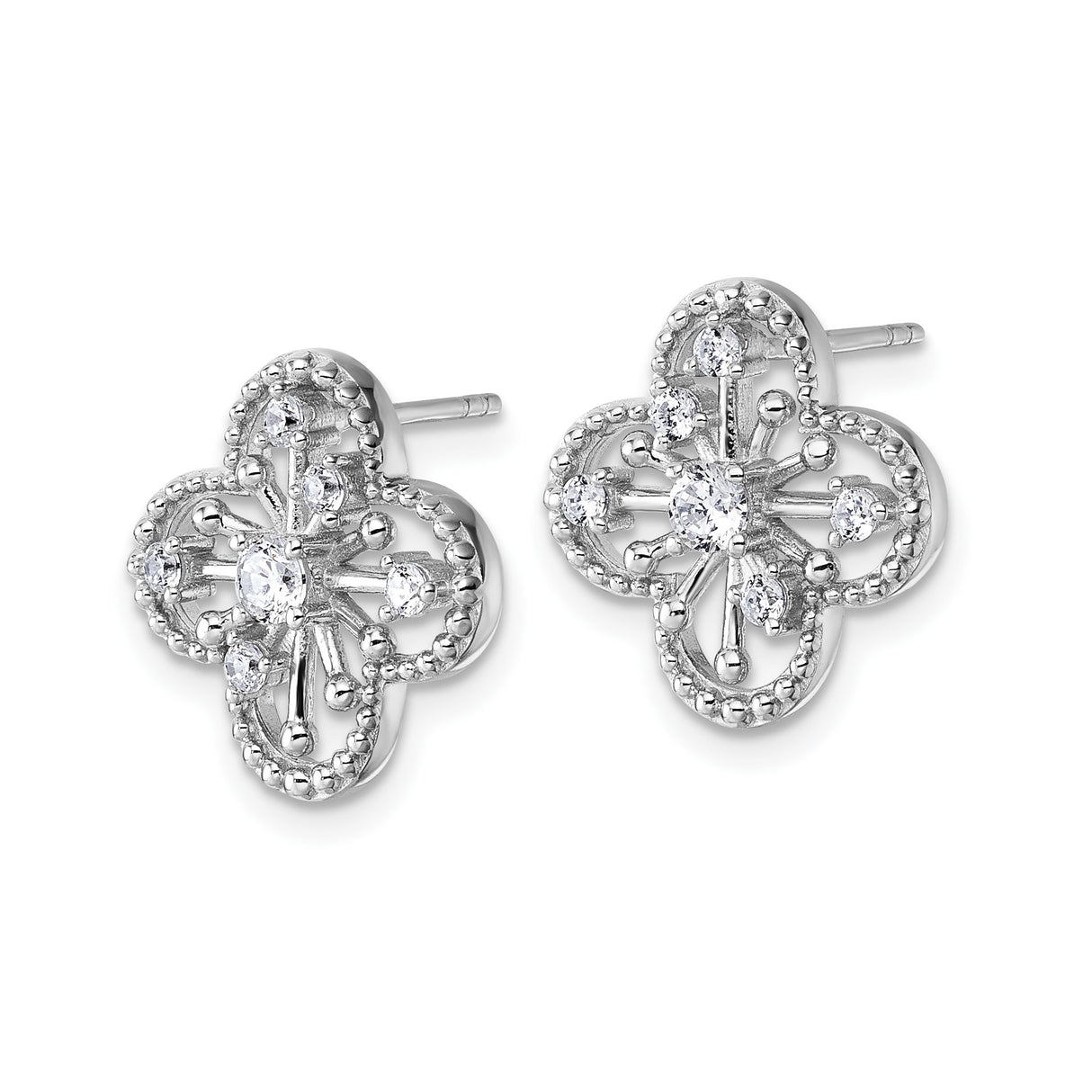 Sterling Silver Stud Earrings with Cubic Zirconia, Quatrefoil Floral Design