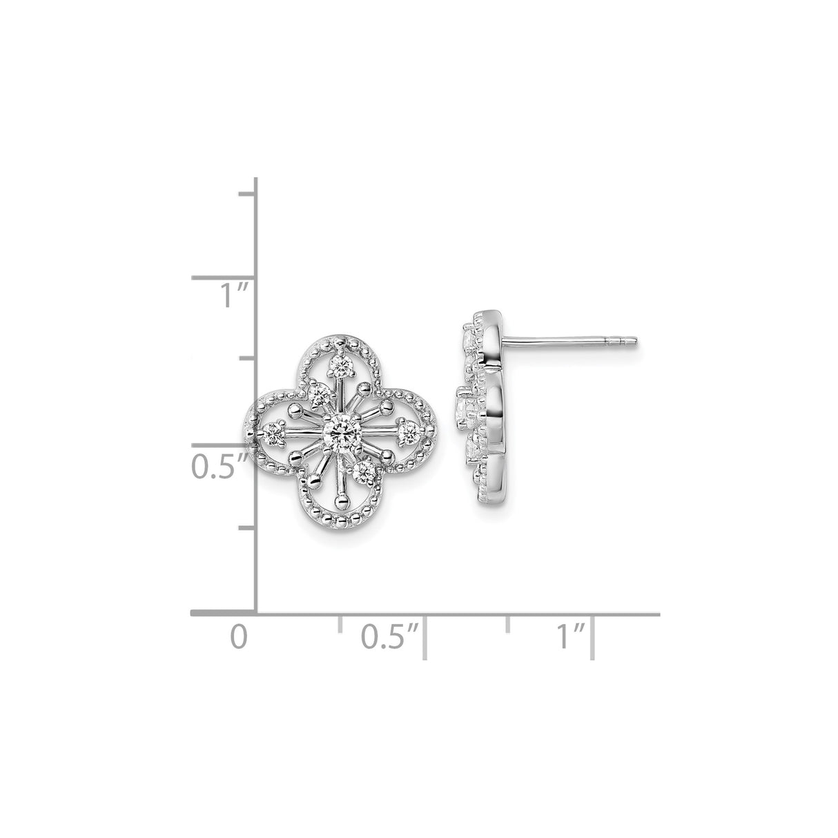 Sterling Silver Stud Earrings with Cubic Zirconia, Quatrefoil Floral Design
