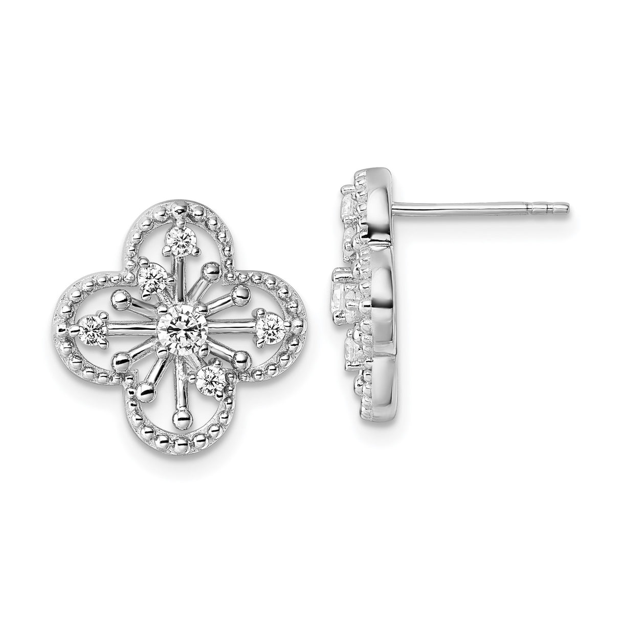 Sterling Silver Stud Earrings with Cubic Zirconia, Quatrefoil Floral Design