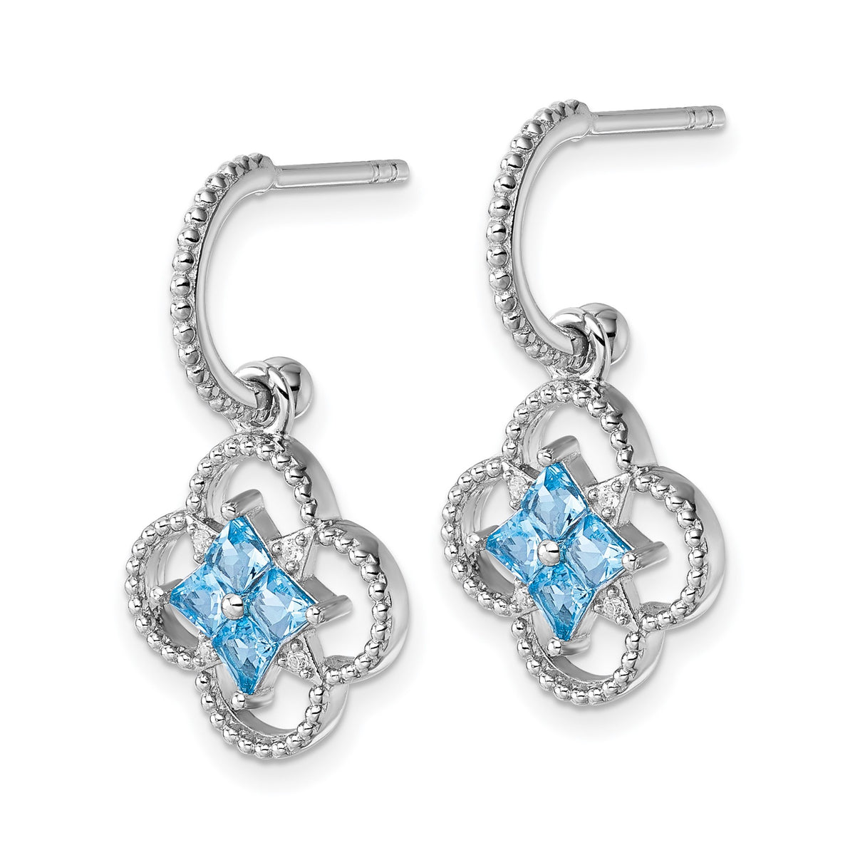Sterling Silver Dangle Earrings with Blue Princess Cut Gemstones, Floral Clover Motif, Beaded Detail