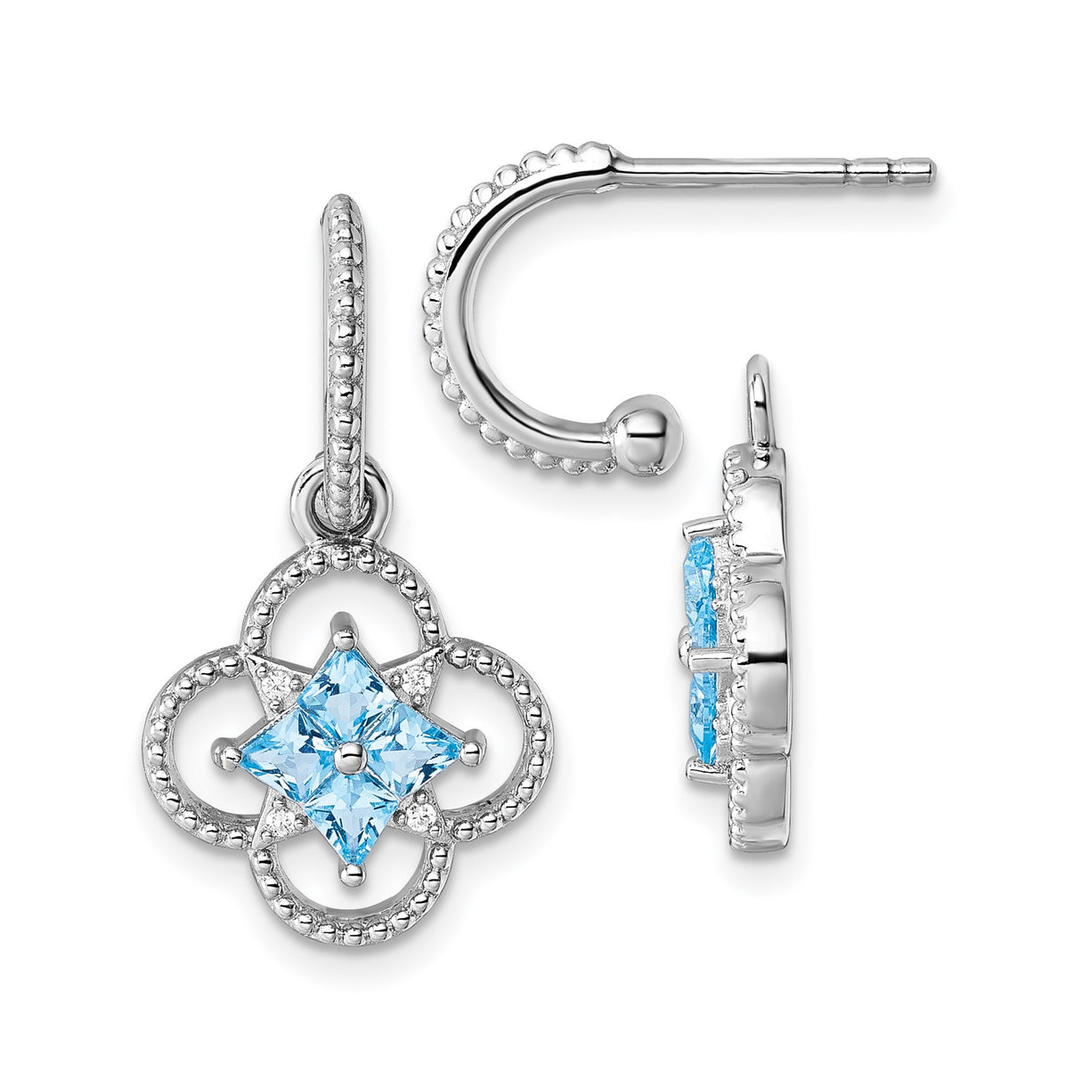 Sterling Silver Dangle Earrings with Blue Princess Cut Gemstones, Floral Clover Motif, Beaded Detail