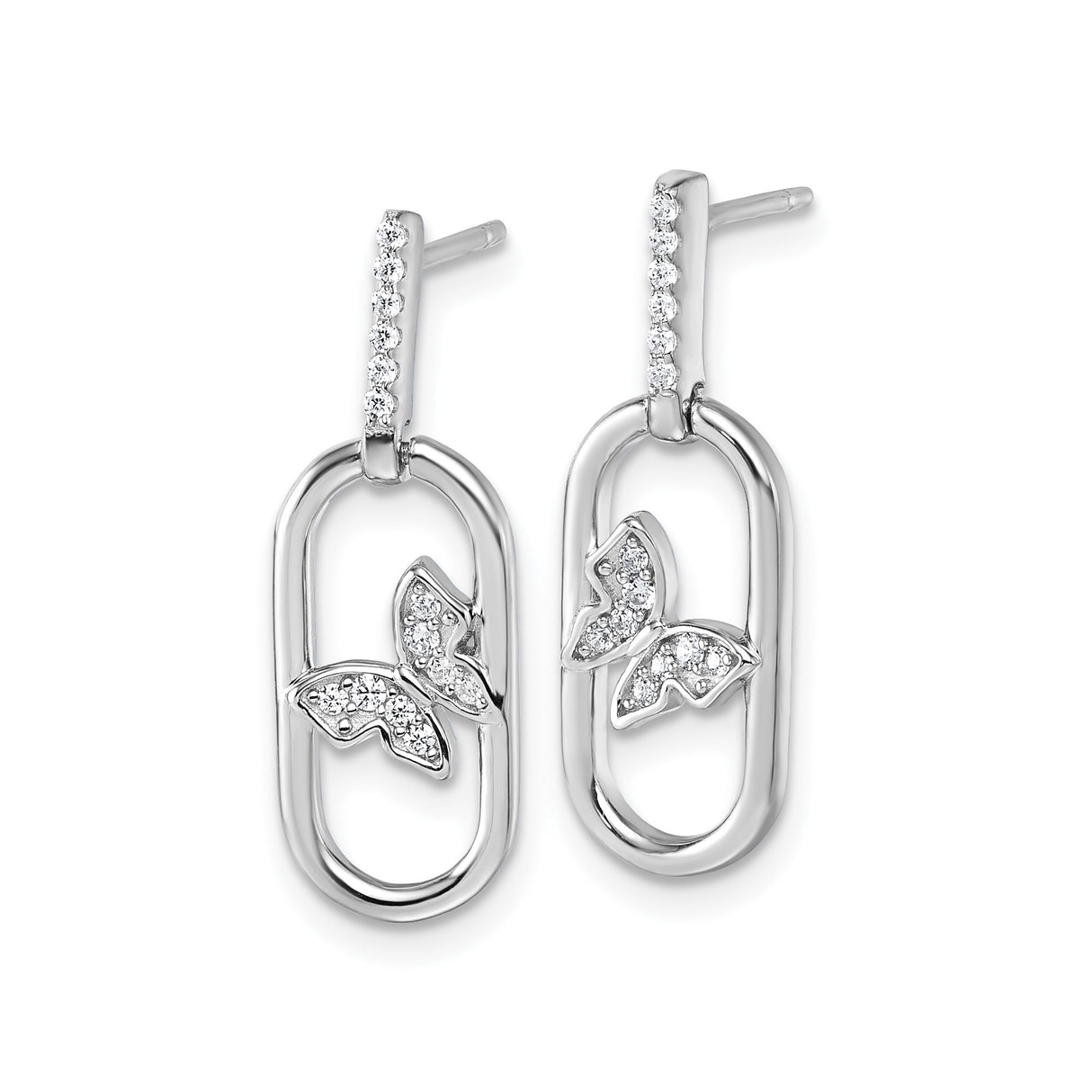 Sterling Silver Butterfly Dangle Earrings with Cubic Zirconia, Oval Drop Design