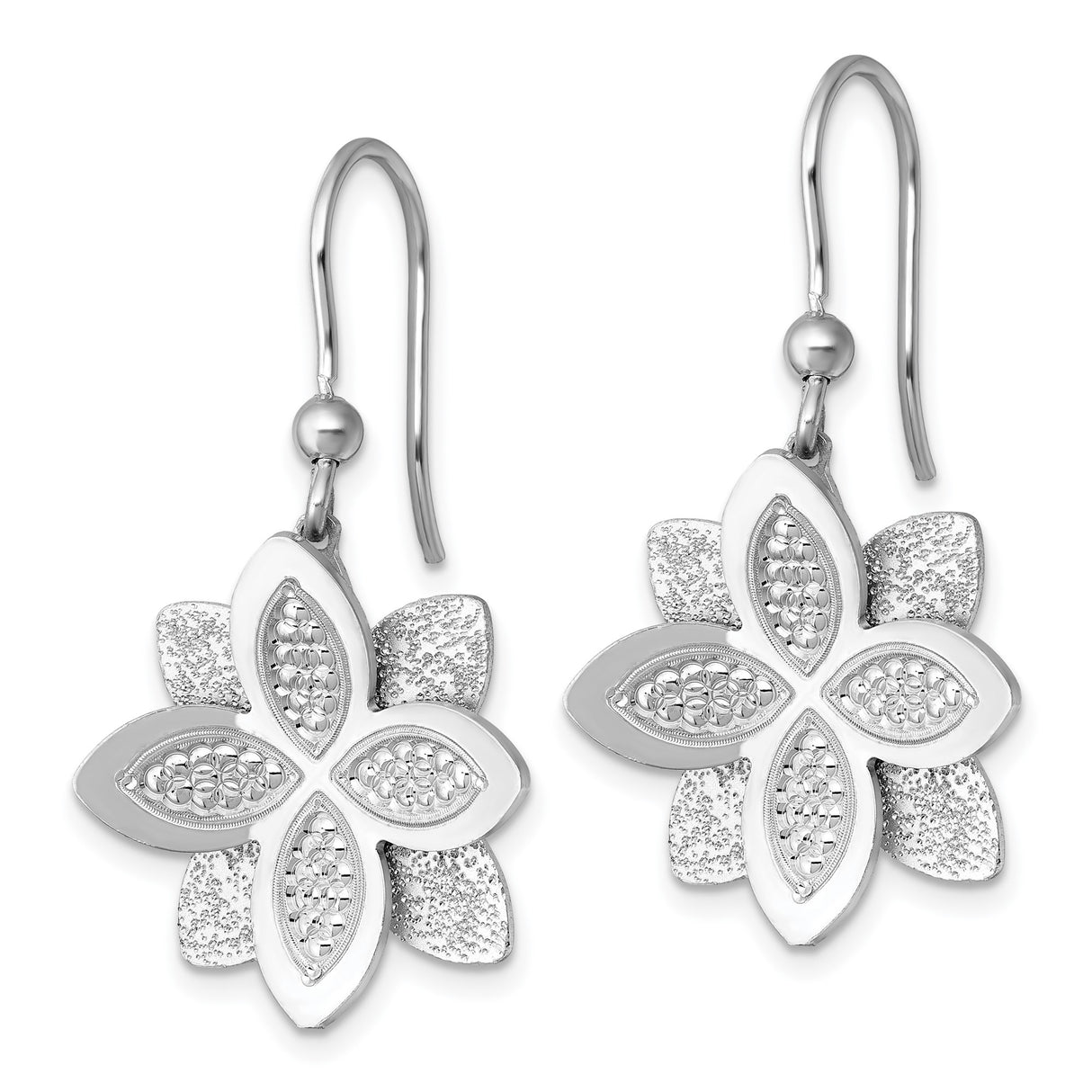 Sterling Silver Floral Dangle Earrings with Six-Petal Flower and Cubic Zirconia