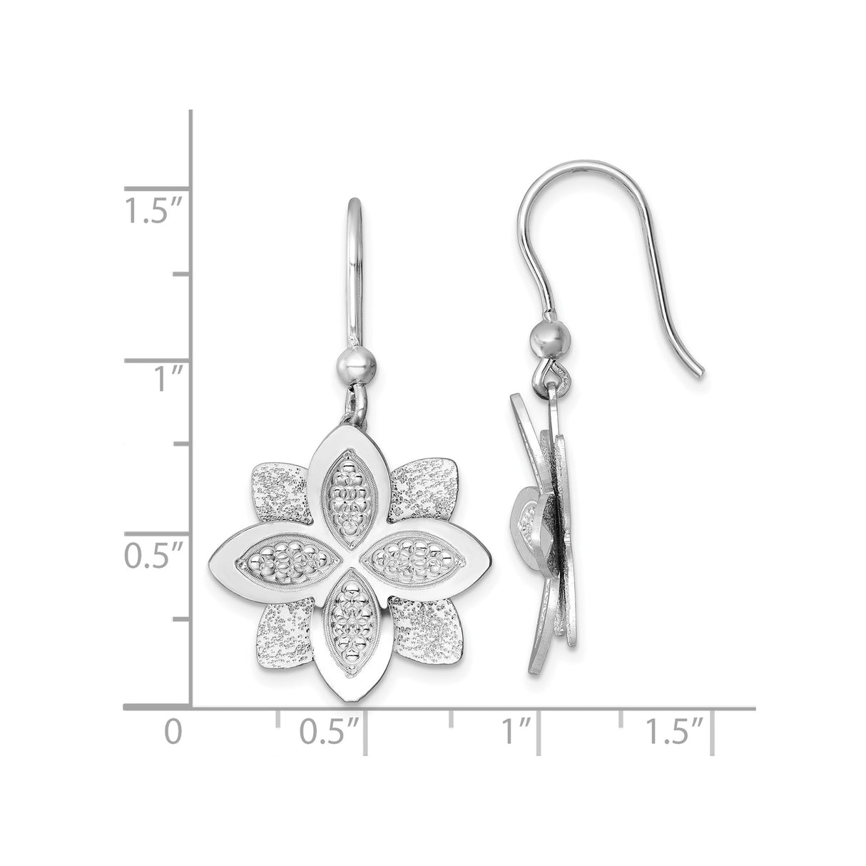 Sterling Silver Floral Dangle Earrings with Six-Petal Flower and Cubic Zirconia