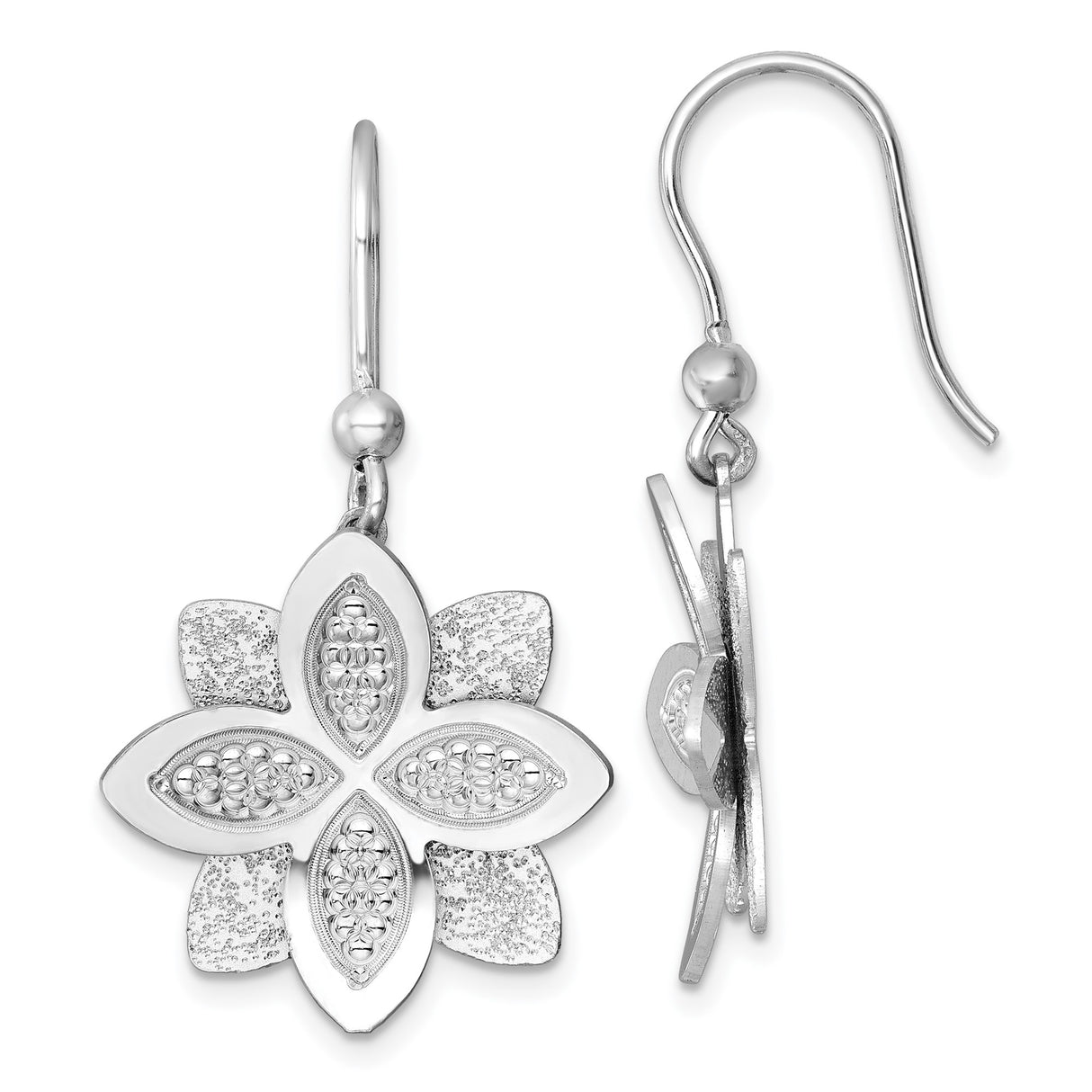 Sterling Silver Floral Dangle Earrings with Six-Petal Flower and Cubic Zirconia