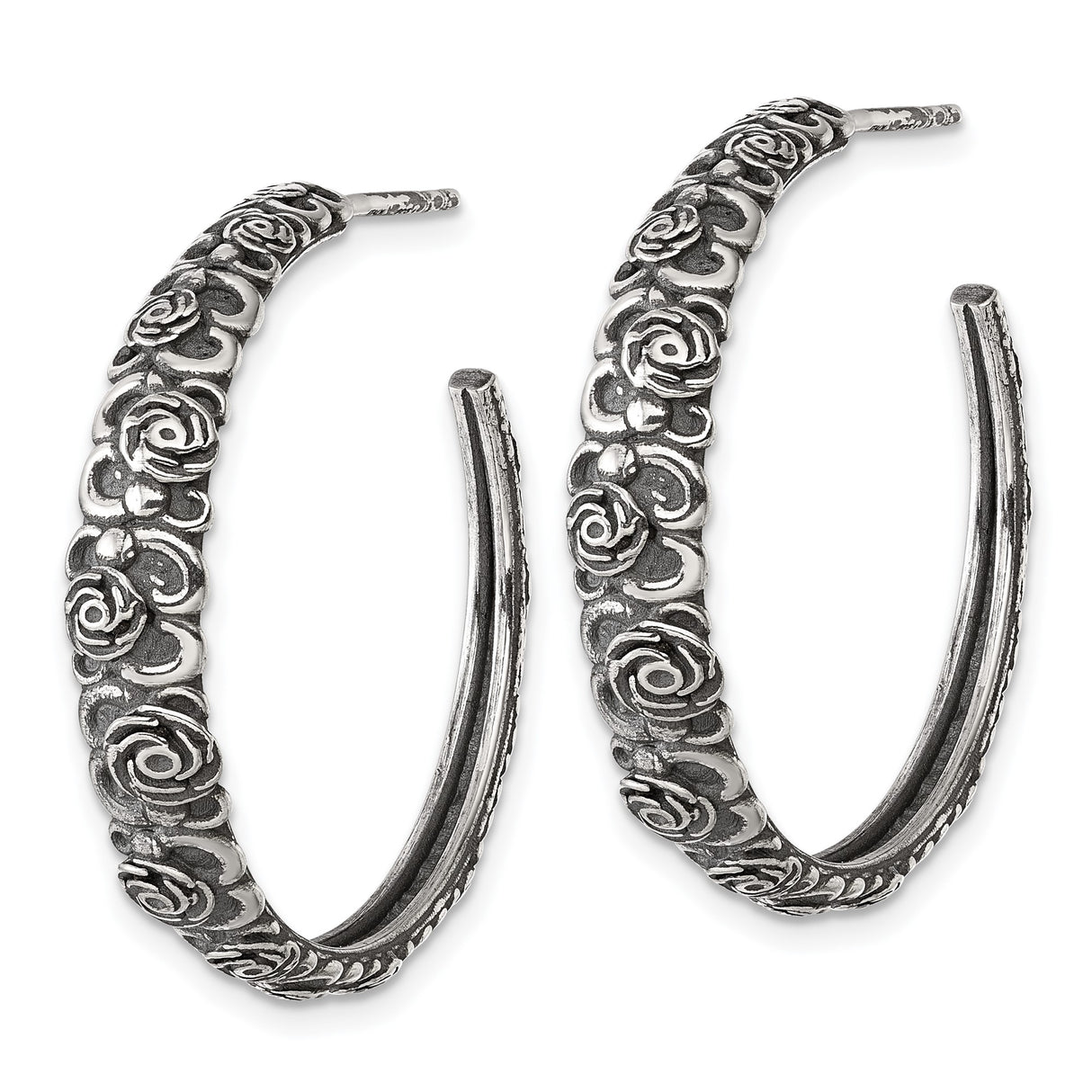 Sterling Silver Hoop Earrings with Cubic Zirconia, Embossed Rose Floral Design, Vintage Style