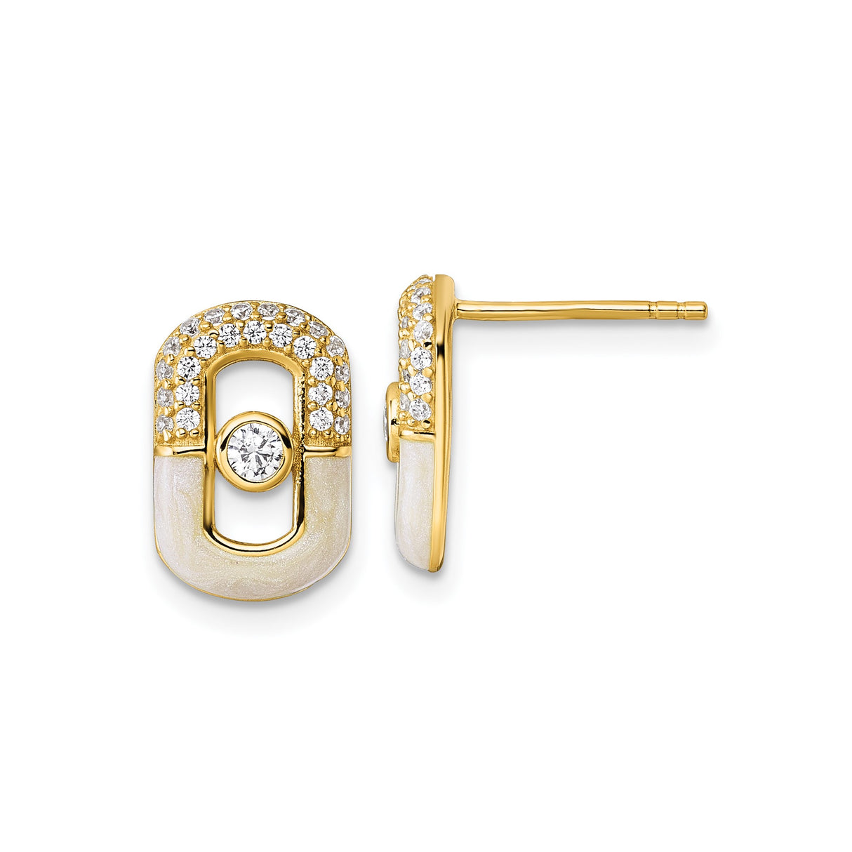 Sterling Silver Stud Earrings with White Enamel and Cubic Zirconia, Oval Link Design, Modern Style