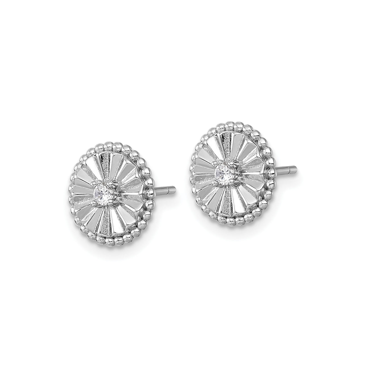 Sterling Silver Sunburst Stud Earrings with Beaded Border and Cubic Zirconia Center