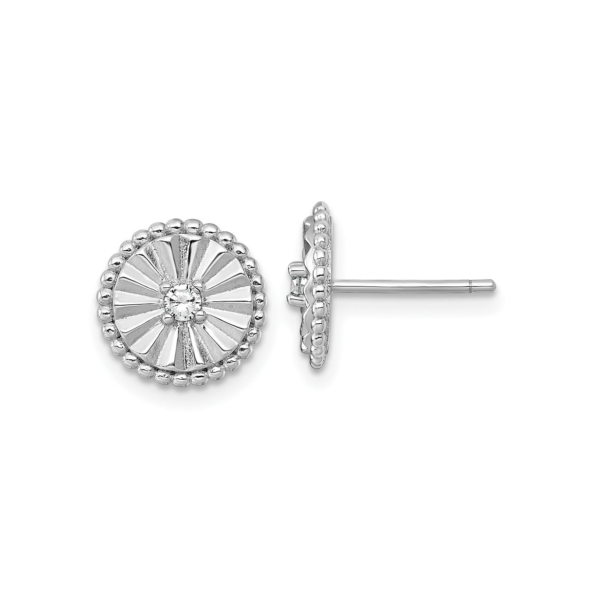 Sterling Silver Sunburst Stud Earrings with Beaded Border and Cubic Zirconia Center