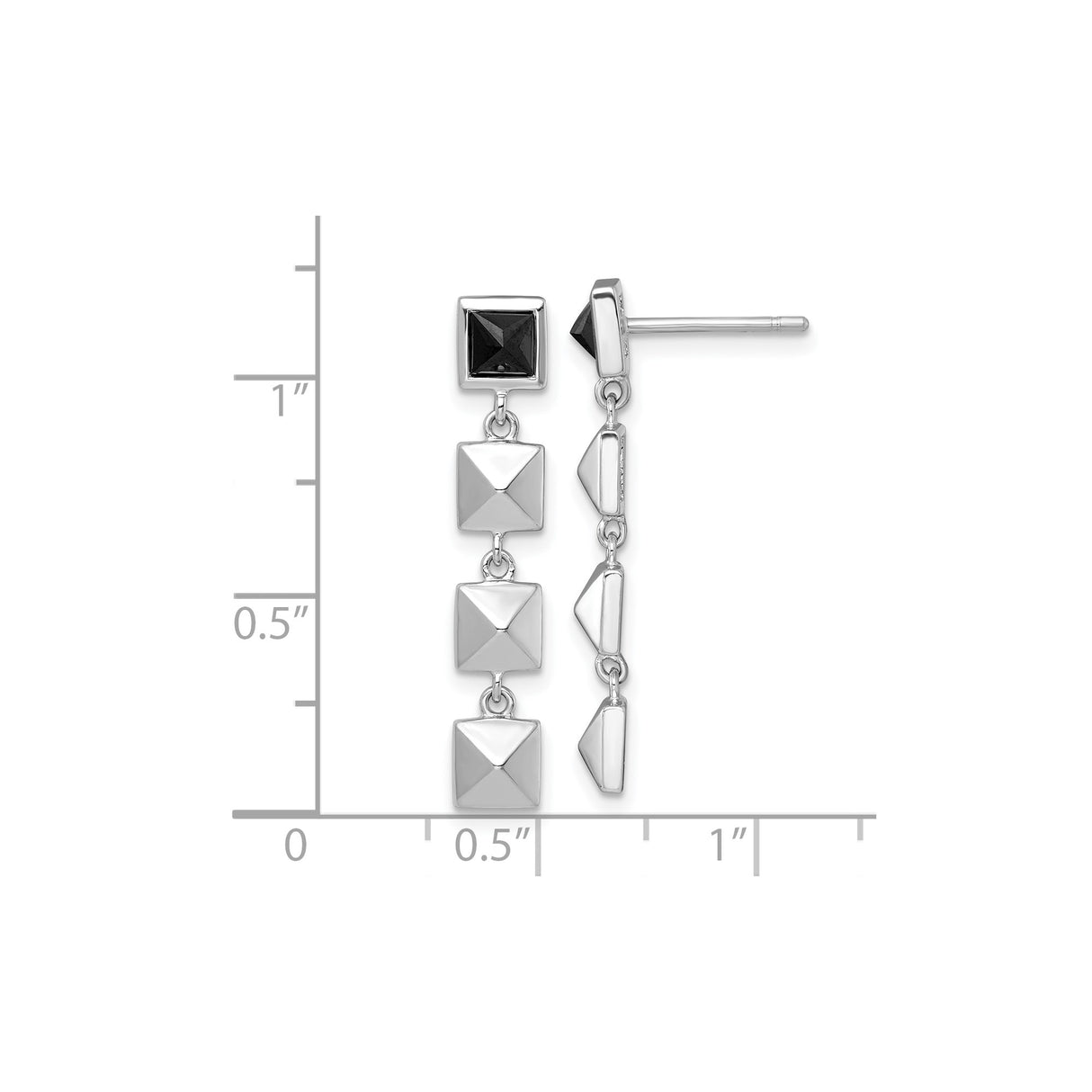 Sterling Silver Dangle Earrings with Black Square Cut Stone, Geometric Pyramid Drop Design