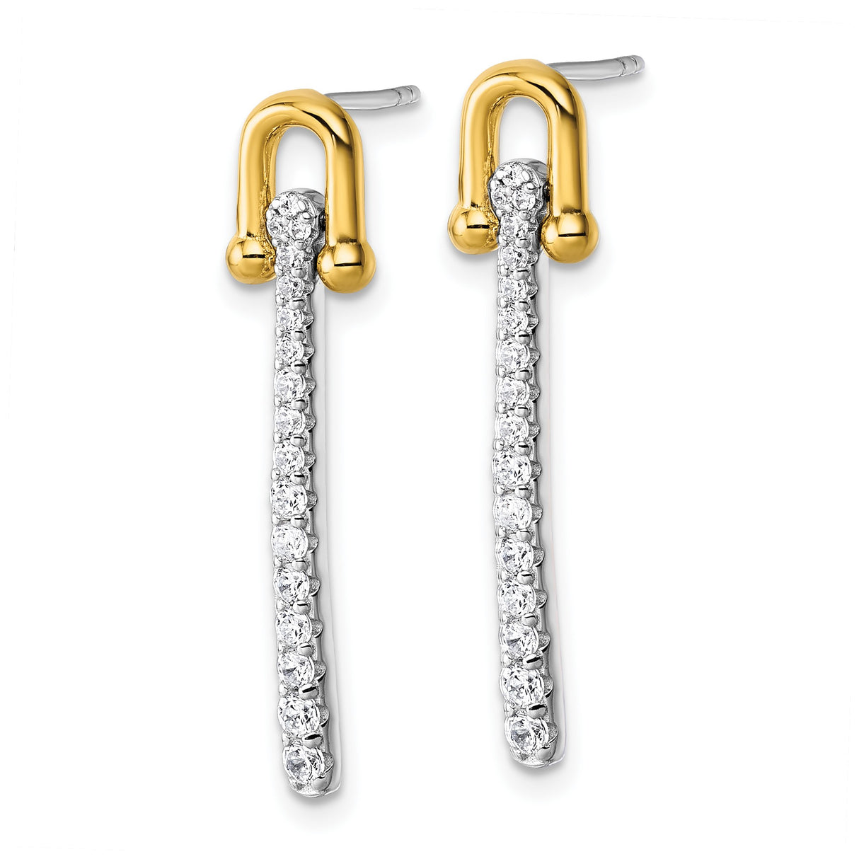 Sterling Silver Drop Earrings with Cubic Zirconia and Yellow Gold Accents, Two-Tone Linear Design