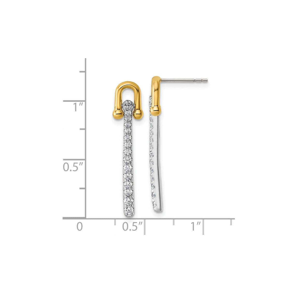 Sterling Silver Drop Earrings with Cubic Zirconia and Yellow Gold Accents, Two-Tone Linear Design