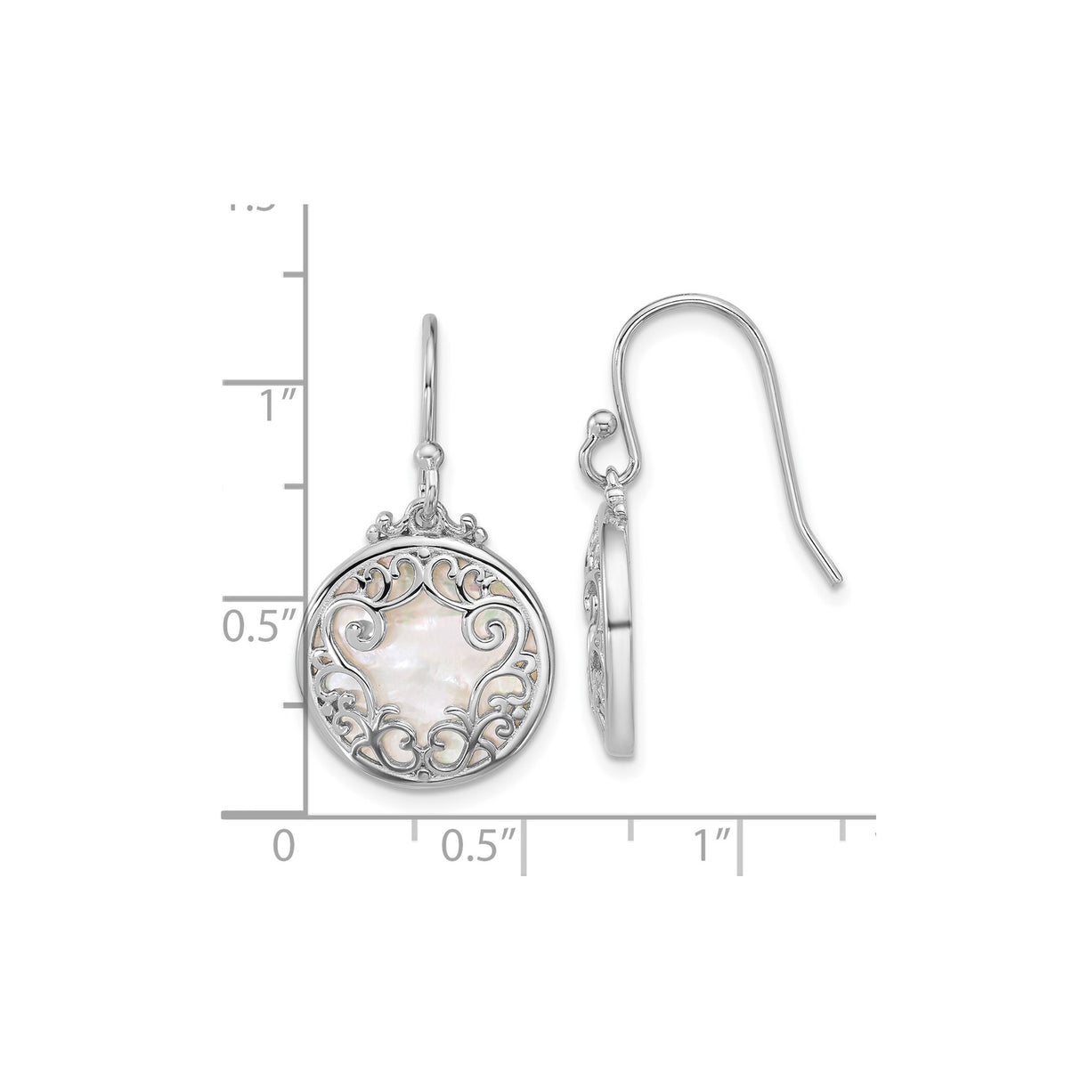 Sterling Silver Dangle Earrings with Mother-of-Pearl Inlays, Filigree Scrollwork, Vintage Style
