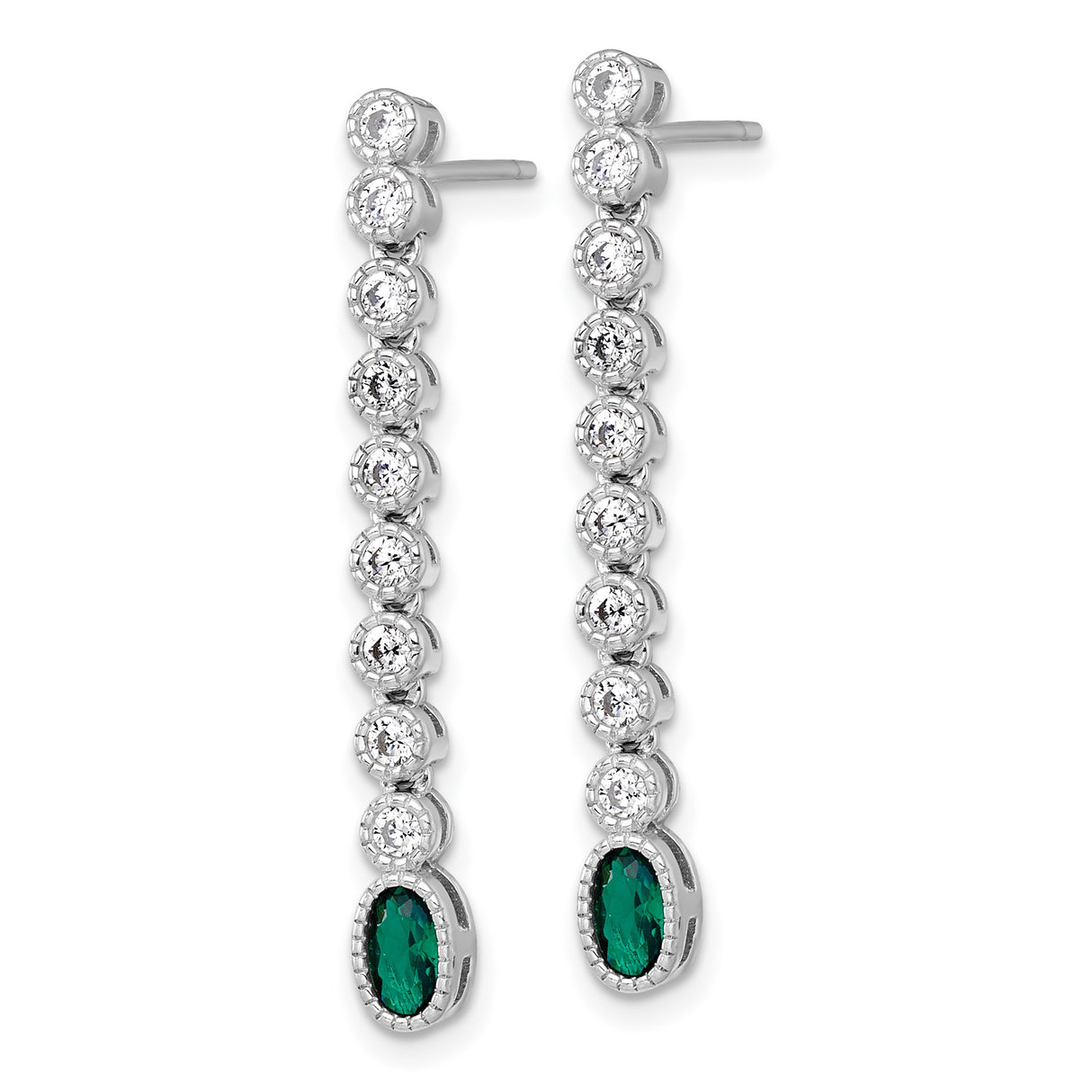 Sterling Silver Drop Earrings with Oval Green Gemstone and Cubic Zirconia, Linear Design
