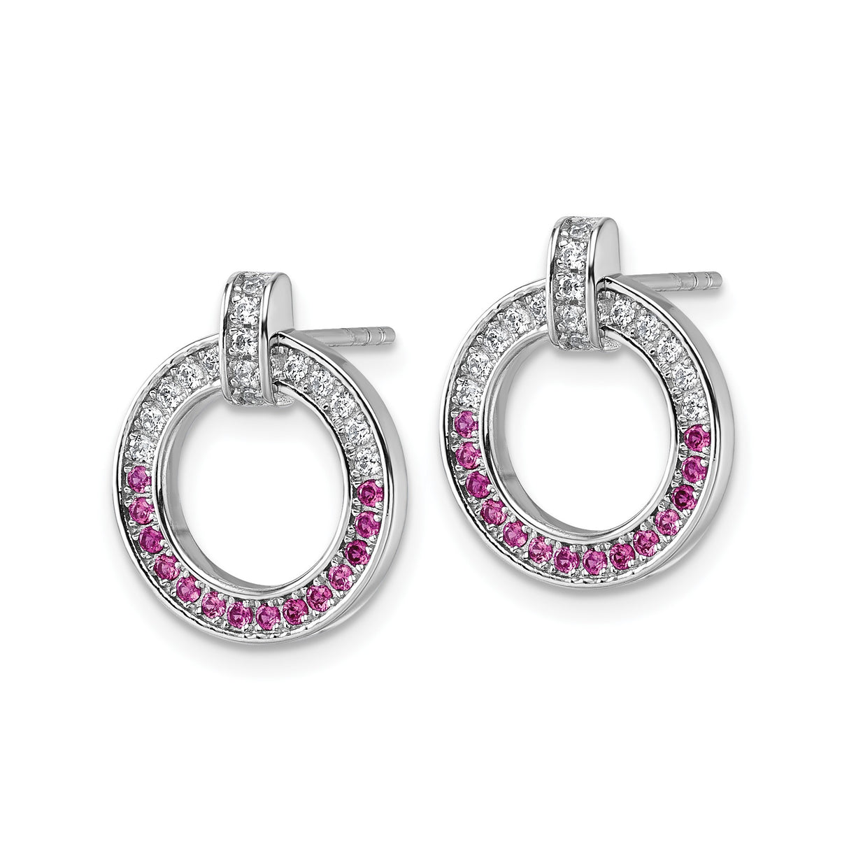 Sterling Silver Circle Stud Earrings with White and Pink Cubic Zirconia, Open Hoop Design