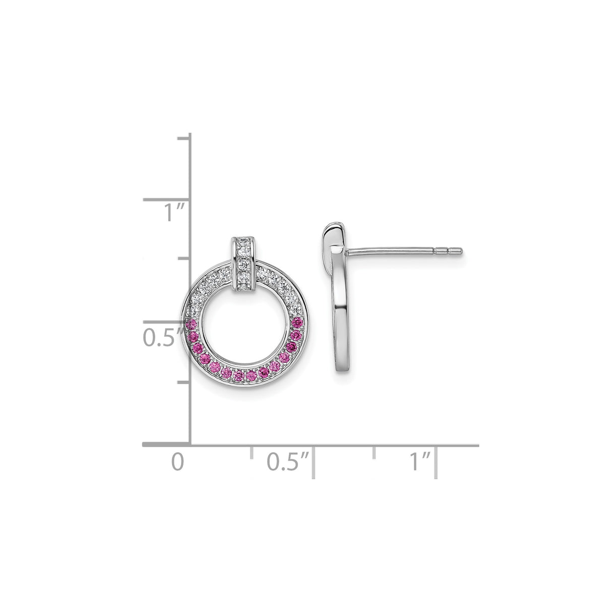 Sterling Silver Circle Stud Earrings with White and Pink Cubic Zirconia, Open Hoop Design