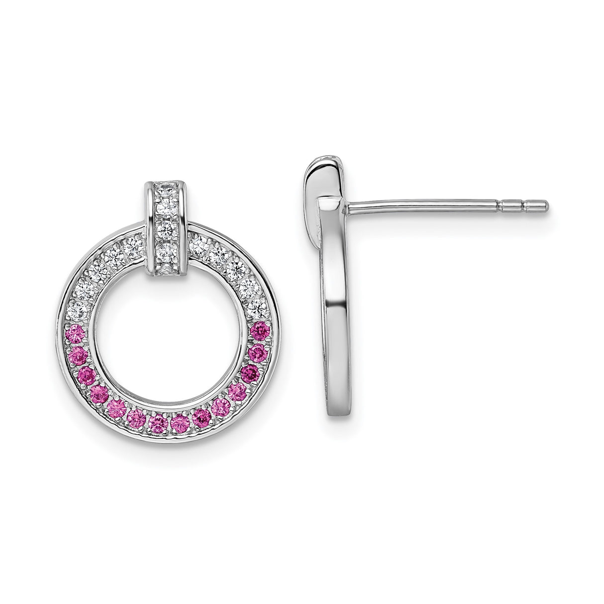 Sterling Silver Circle Stud Earrings with White and Pink Cubic Zirconia, Open Hoop Design