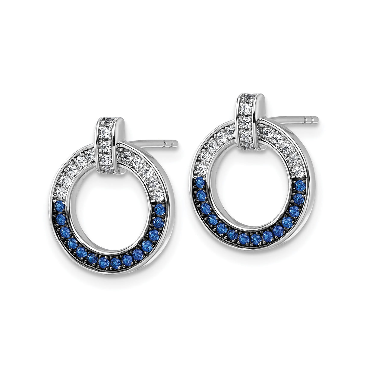 Sterling Silver Circle Stud Earrings with Cubic Zirconia and Sapphire in Open Hoop Design