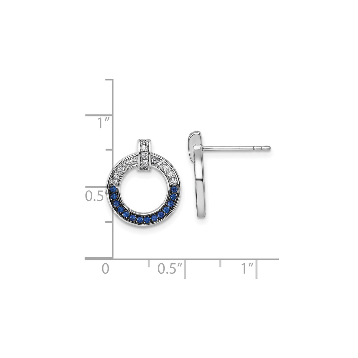 Sterling Silver Circle Stud Earrings with Cubic Zirconia and Sapphire in Open Hoop Design