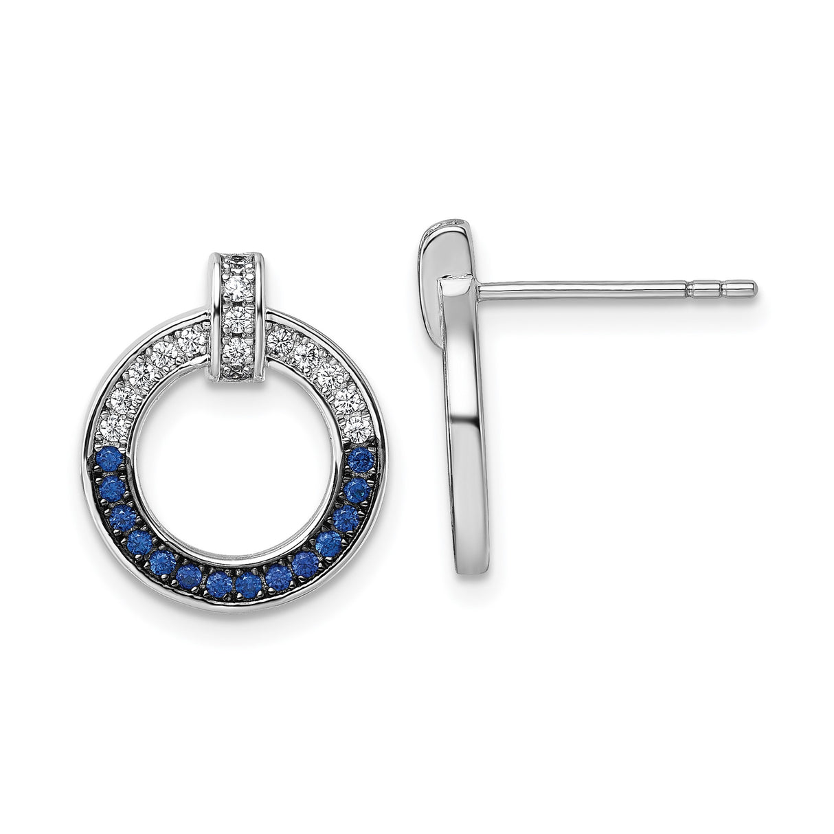 Sterling Silver Circle Stud Earrings with Cubic Zirconia and Sapphire in Open Hoop Design