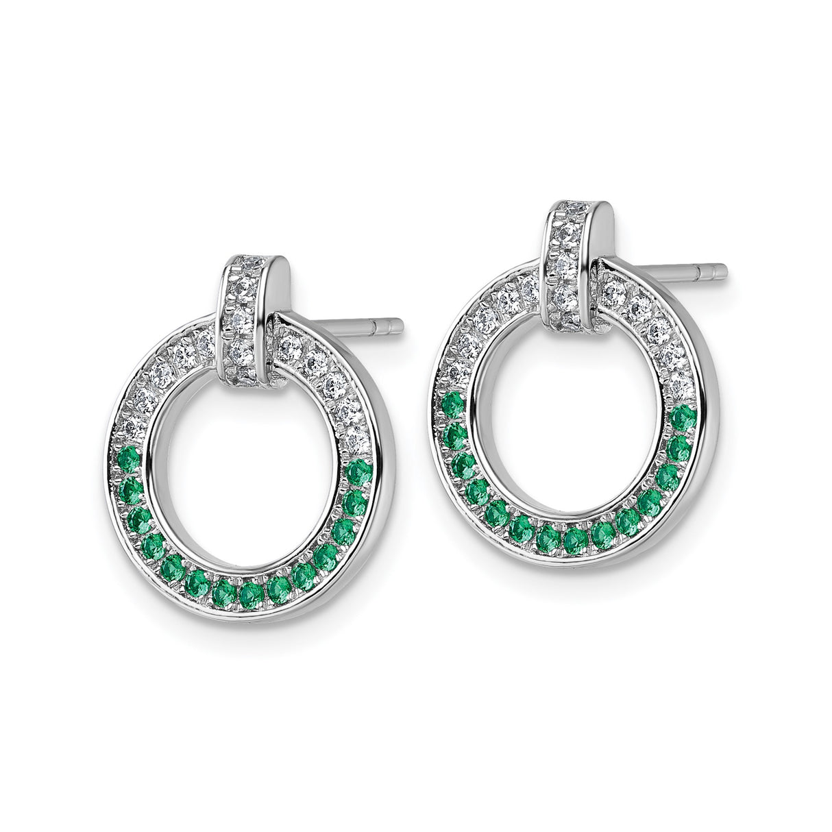 Sterling Silver Circle Stud Earrings with Green and White Cubic Zirconia, Modern Open Hoop Design