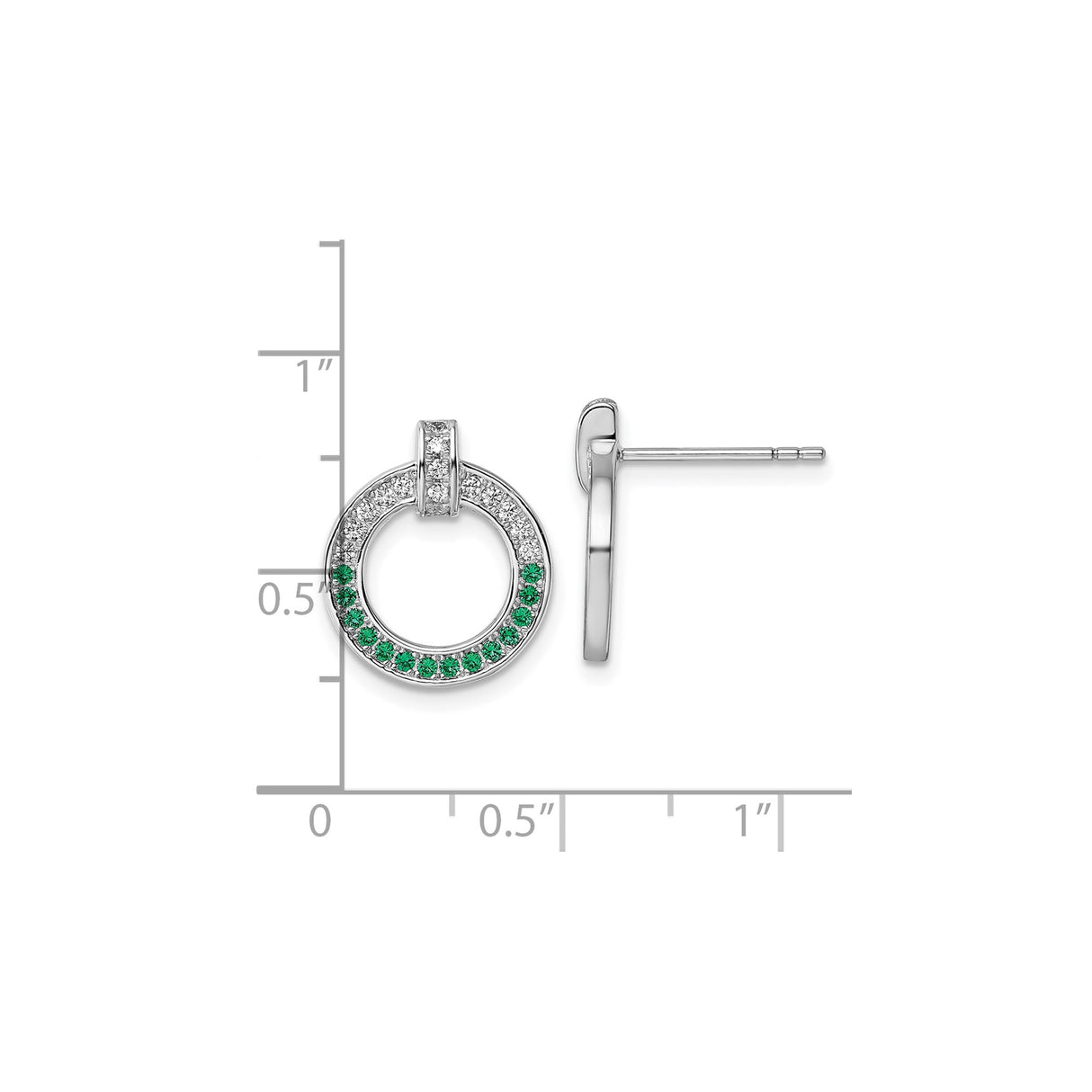 Sterling Silver Circle Stud Earrings with Green and White Cubic Zirconia, Modern Open Hoop Design