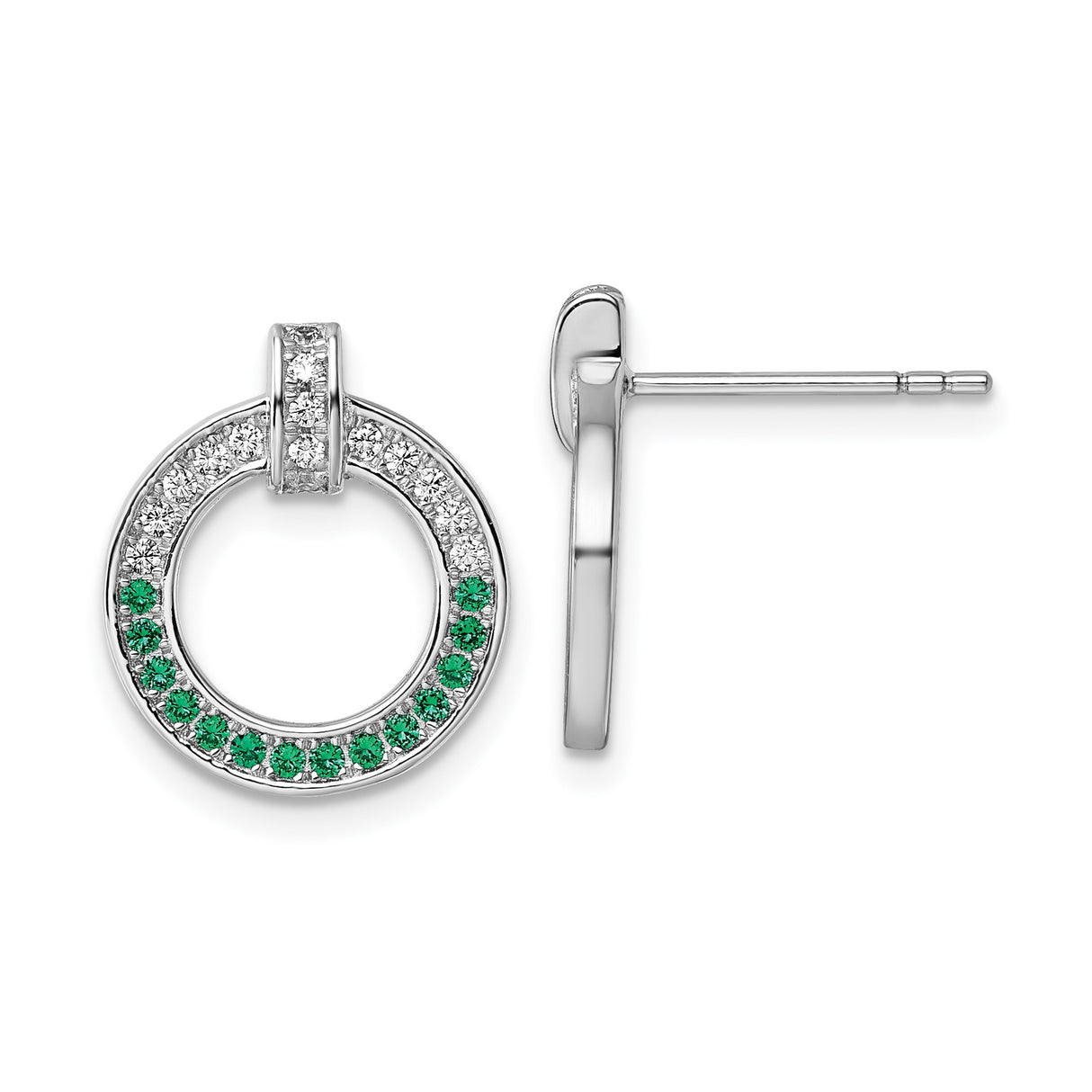 Sterling Silver Circle Stud Earrings with Green and White Cubic Zirconia, Modern Open Hoop Design
