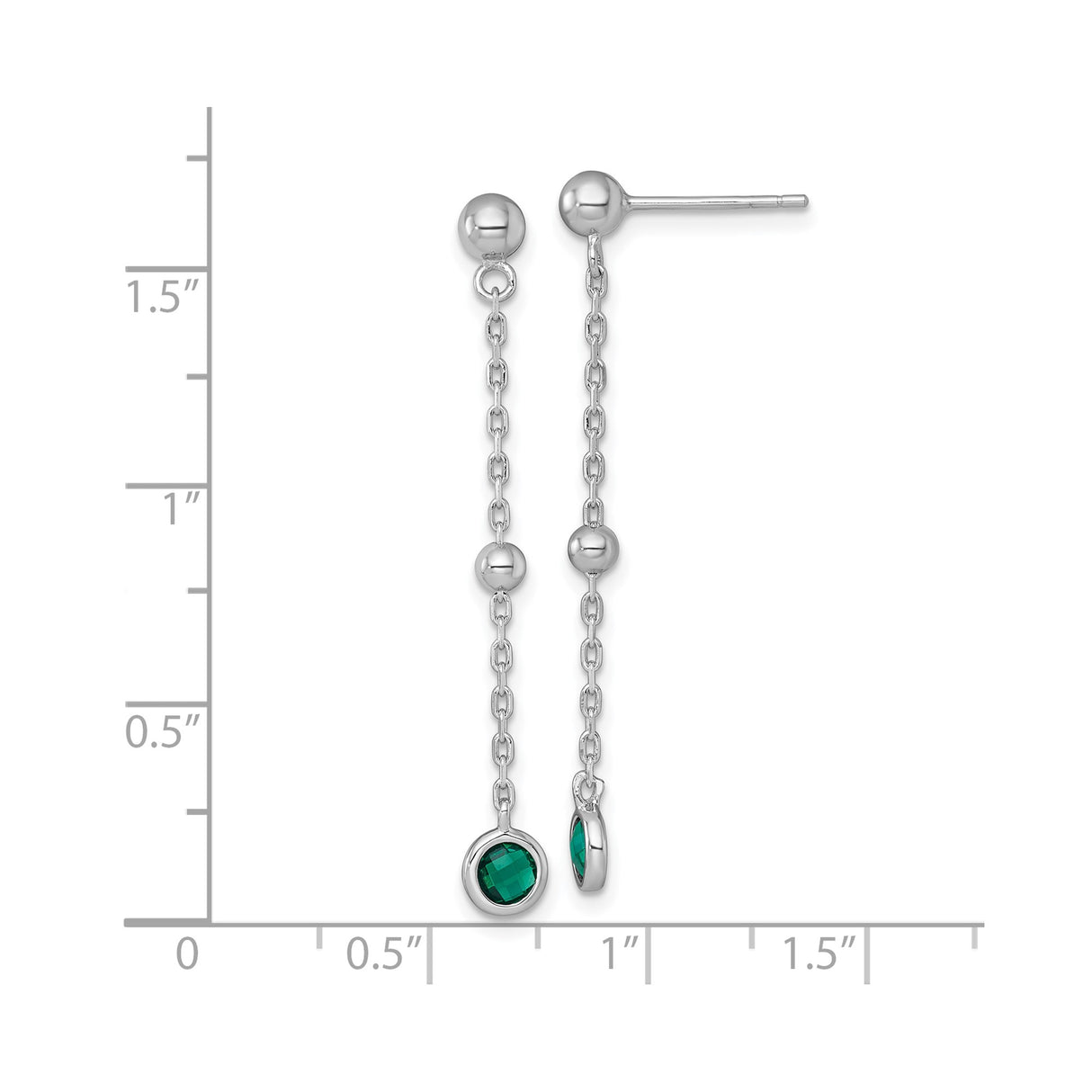 Sterling Silver Dangle Earrings with Round Green Cubic Zirconia and Polished Bead Accents