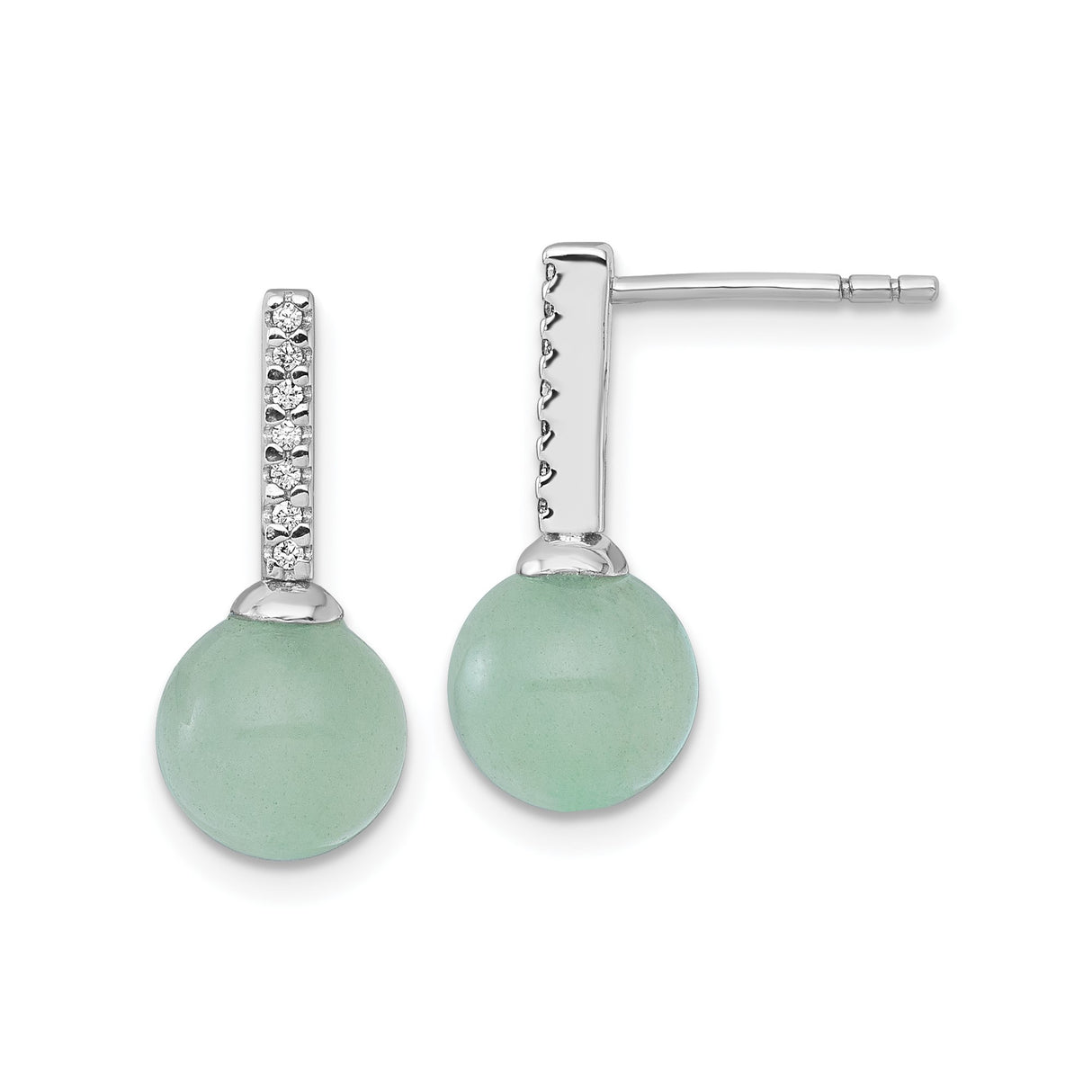 Sterling Silver Drop Bar Earrings with Pale Green Gemstone Spheres and Clear Accents