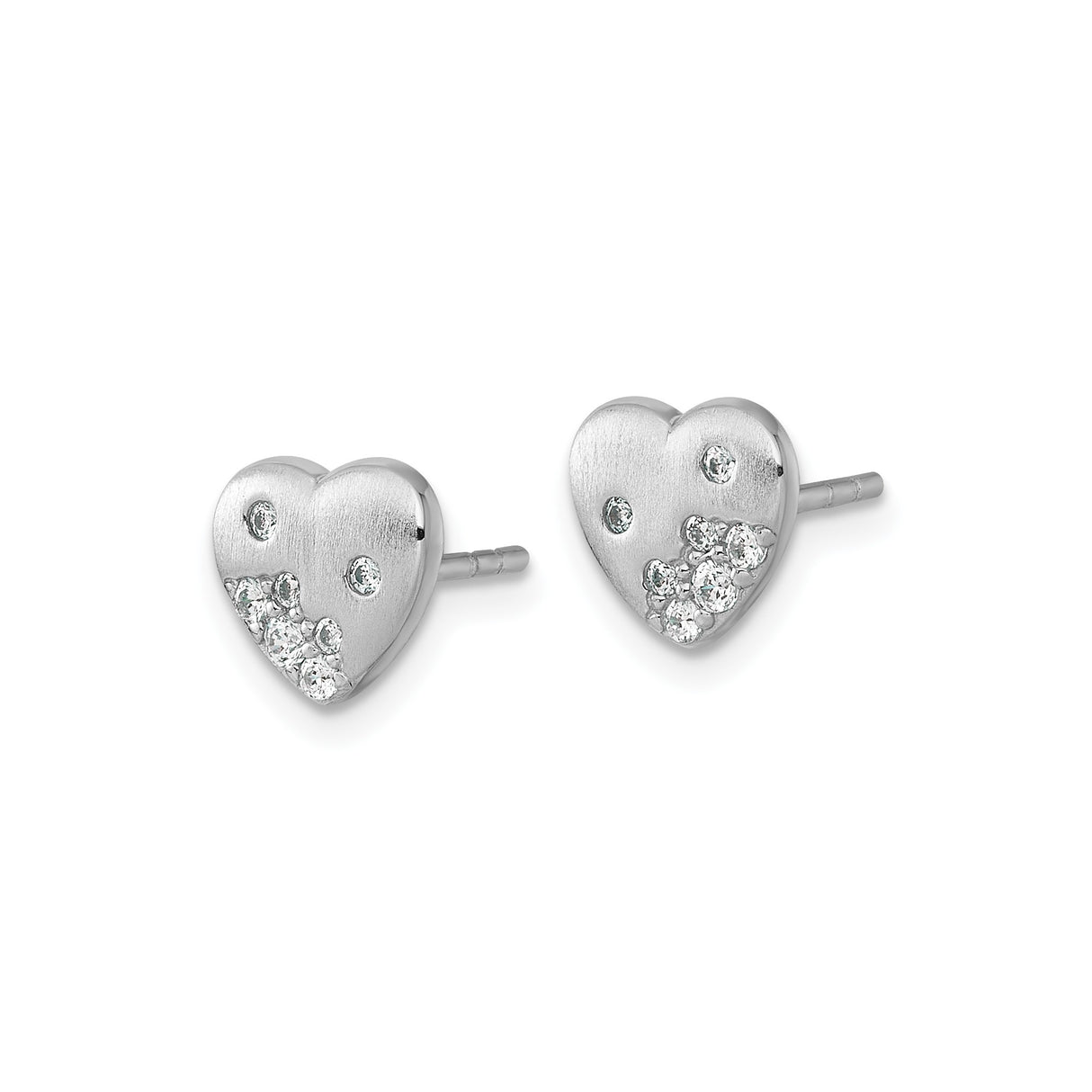 Sterling Silver Heart Stud Earrings with Brushed Finish and Cubic Zirconia Accents