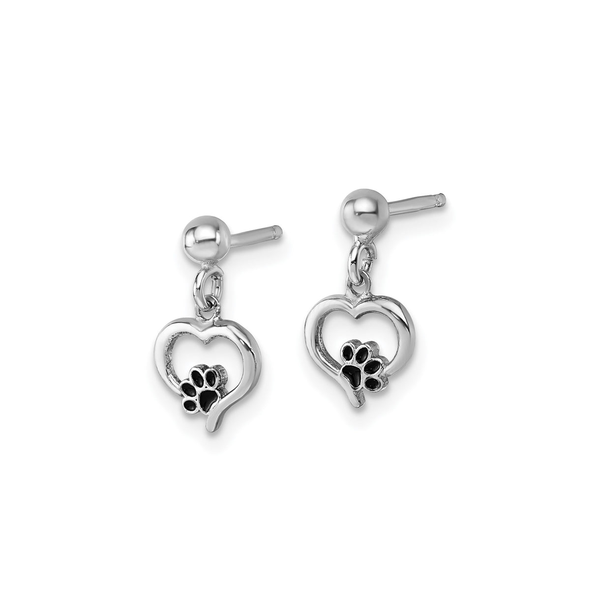 Sterling Silver Dangle Earrings with Open Heart and Black Enamel Paw Design for Women