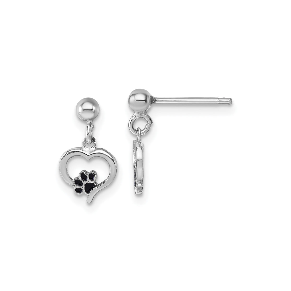 Sterling Silver Dangle Earrings with Open Heart and Black Enamel Paw Design for Women