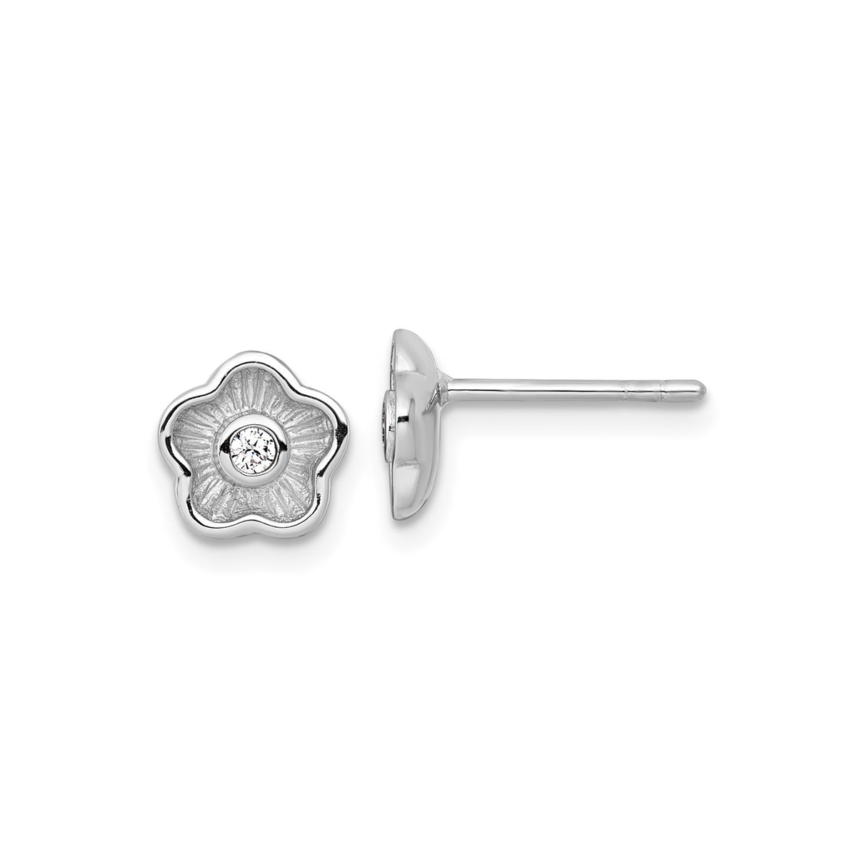 Sterling Silver Floral Stud Earrings with Round Cut Clear Stone, Five Petal Design