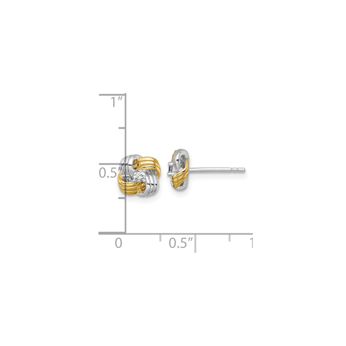 Sterling Silver Twist Love Knot Stud Earrings with Cubic Zirconia Center, Two Tone Design