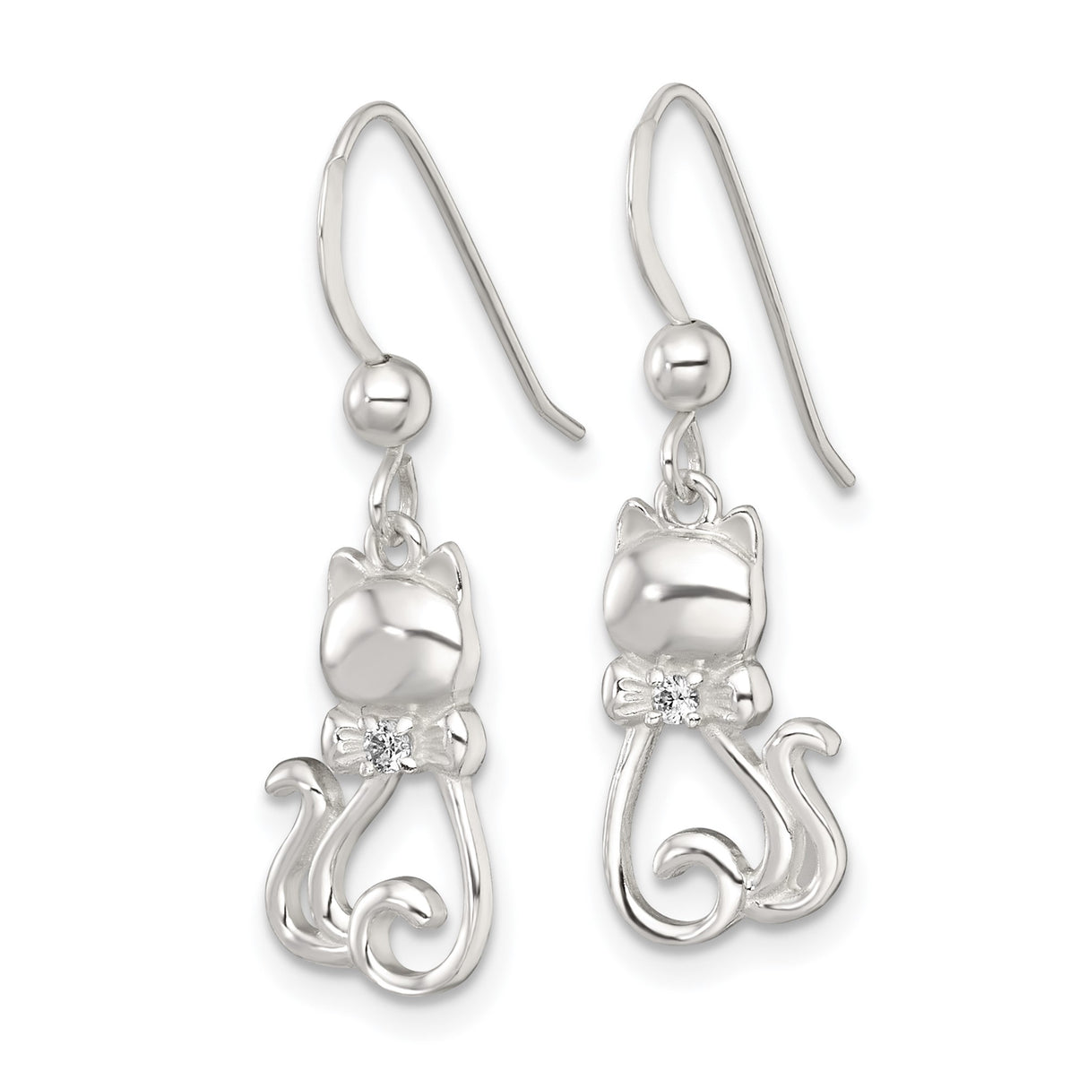 Sterling Silver Cat Dangle Earrings with Cubic Zirconia Crystal Bow, Whimsical Feline Design