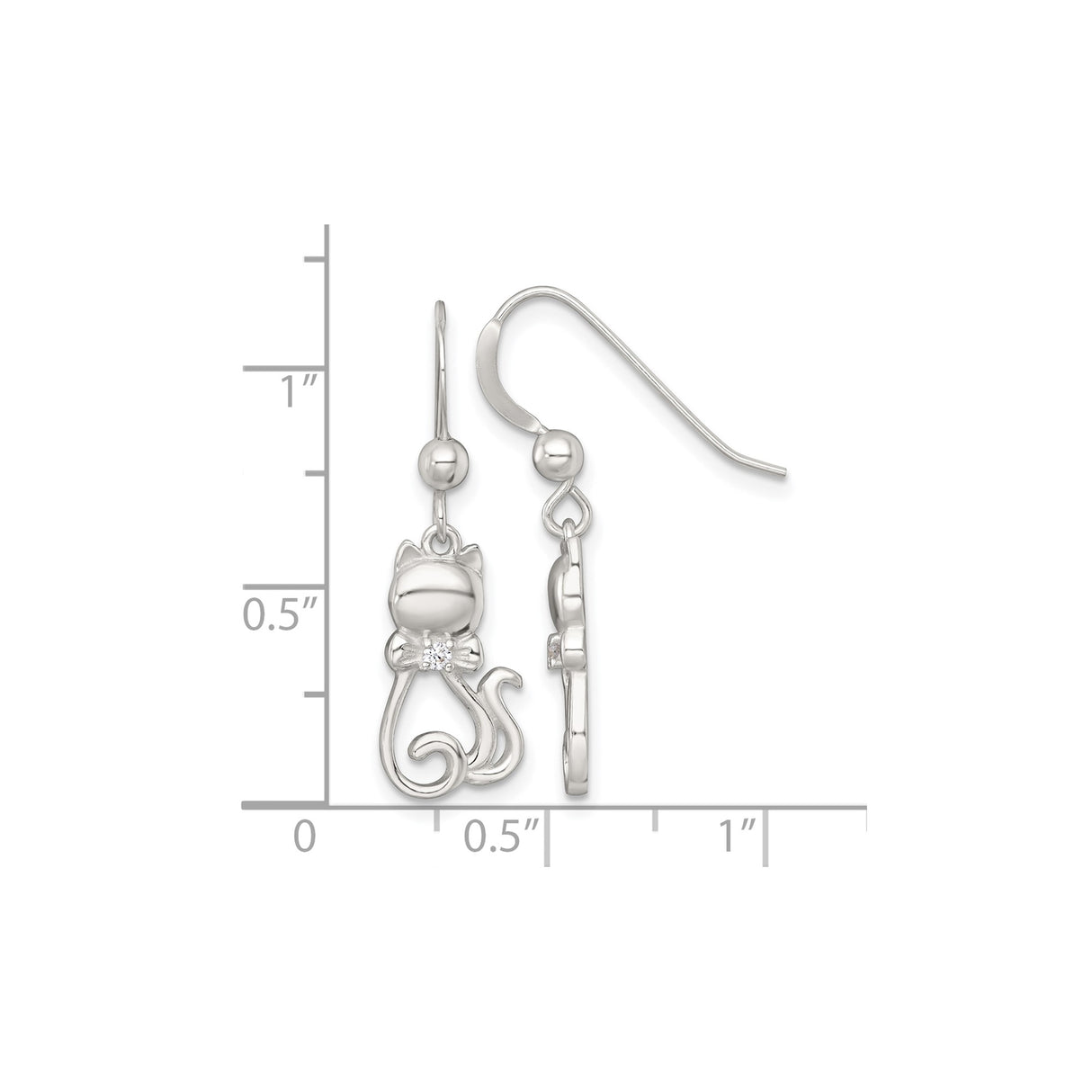 Sterling Silver Cat Dangle Earrings with Cubic Zirconia Crystal Bow, Whimsical Feline Design