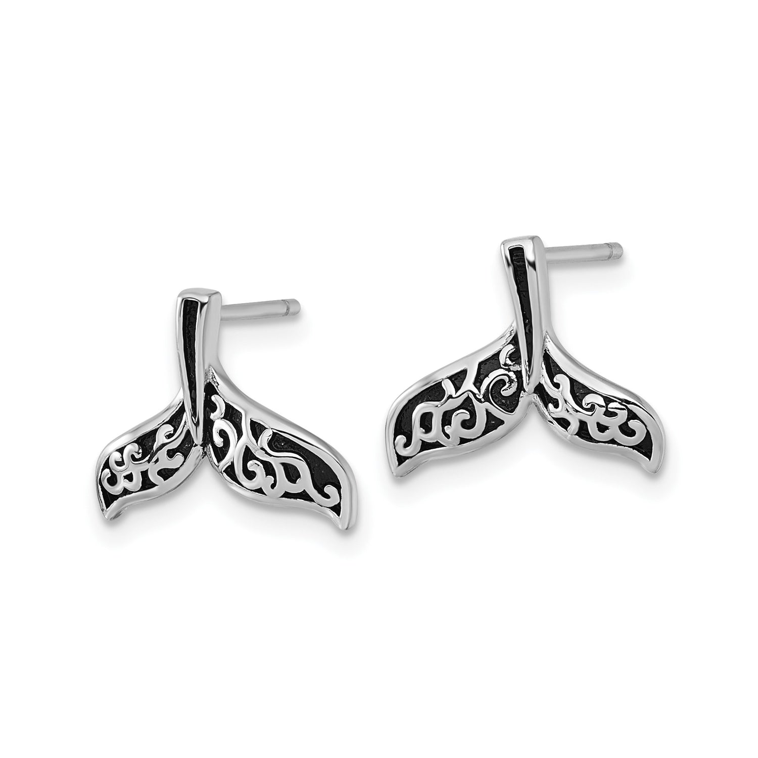 Sterling Silver Whale Tail Stud Earrings with Tribal Scrollwork, Nautical Ocean Theme