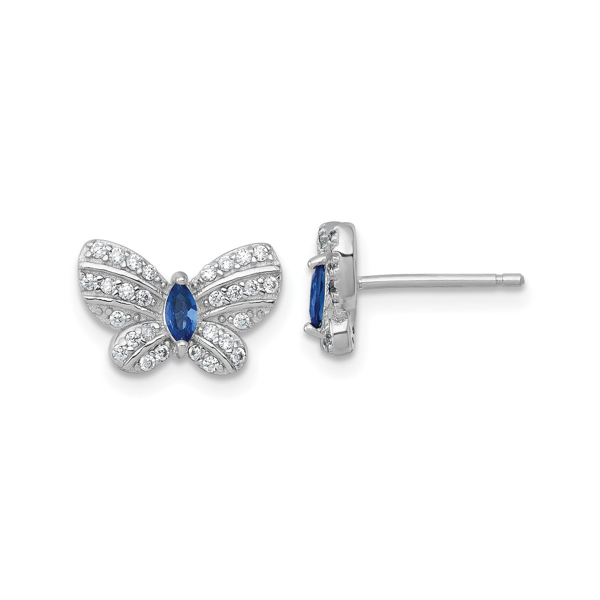 Sterling Silver Butterfly Stud Earrings with Marquise Blue Gemstone and Cubic Zirconia Pavé
