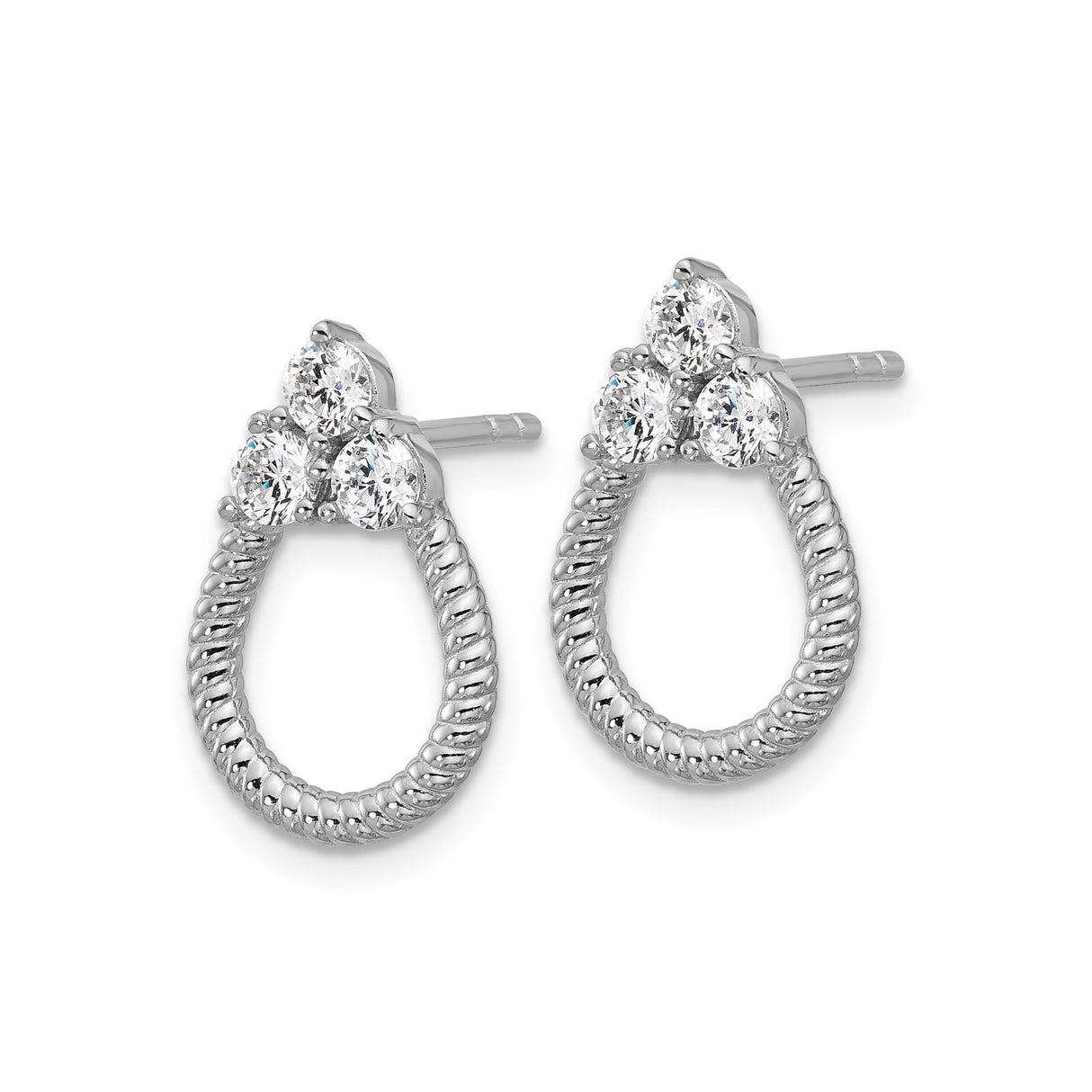 Sterling Silver Twisted Hoop Stud Earrings with Cubic Zirconia Cluster, Rope Design