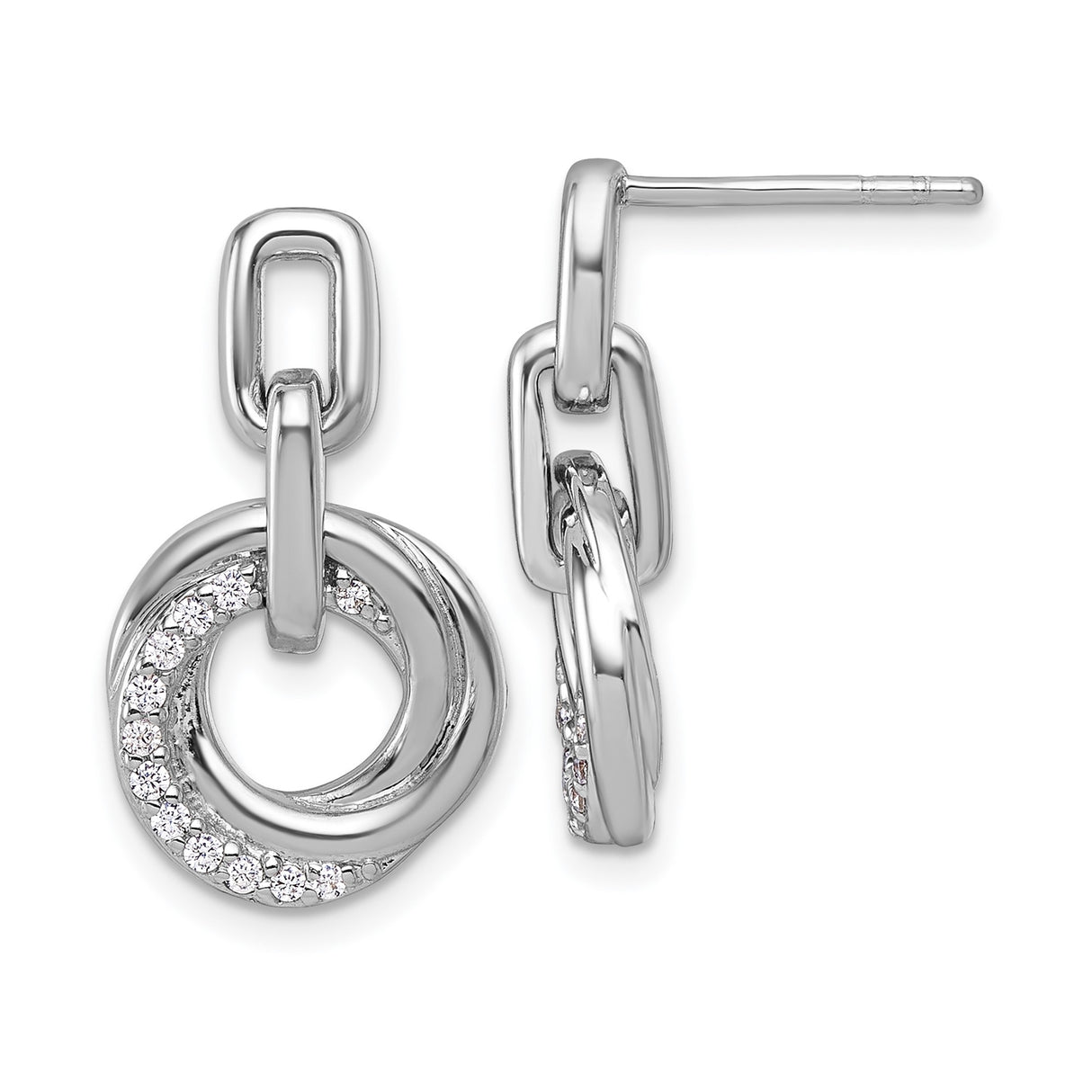 Sterling Silver Drop Earrings with Interlocking Circles and Cubic Zirconia Pavé Twist Design