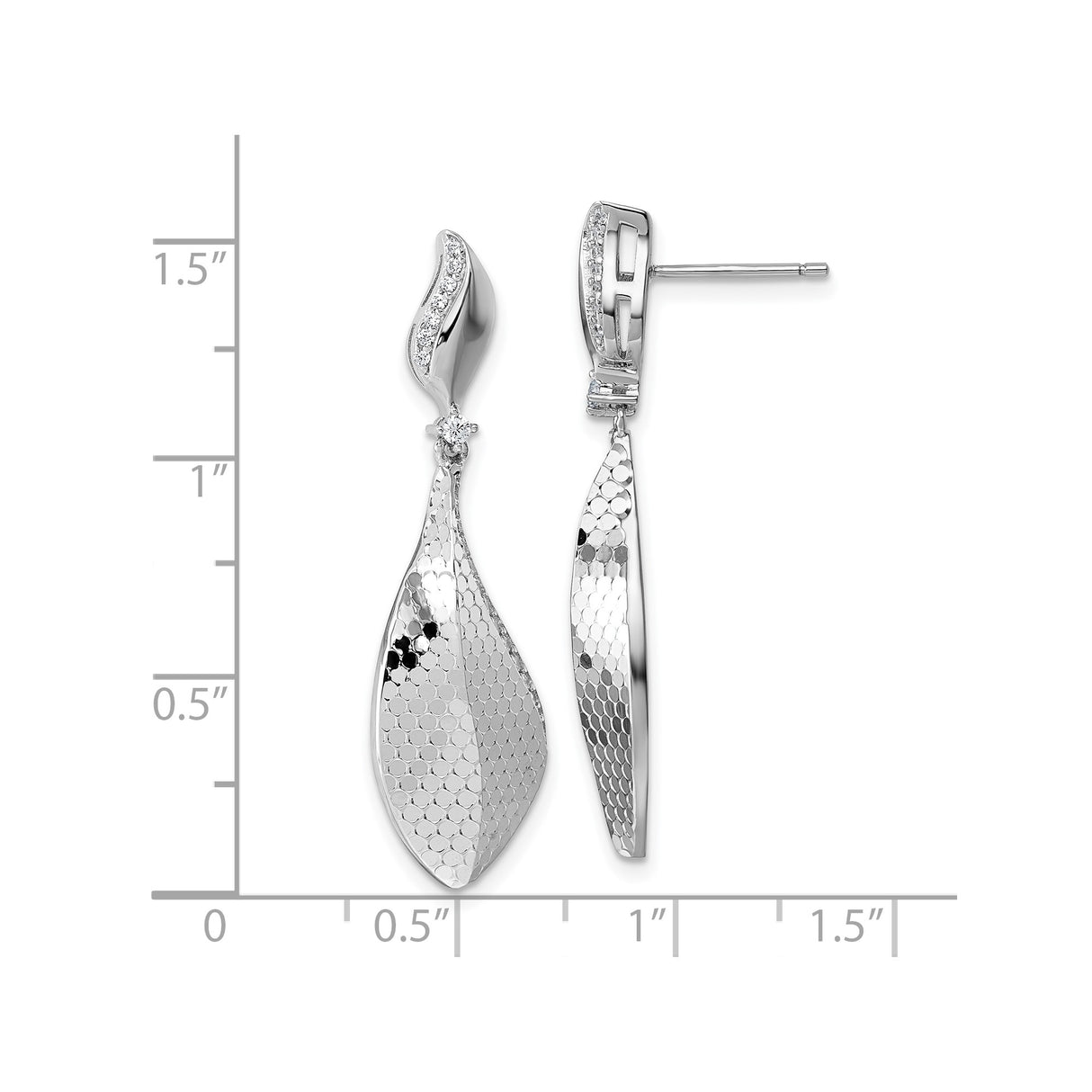 Sterling Silver Drop Earrings with Cubic Zirconia, Diamond Cut Leaf Design, Rhodium Plated
