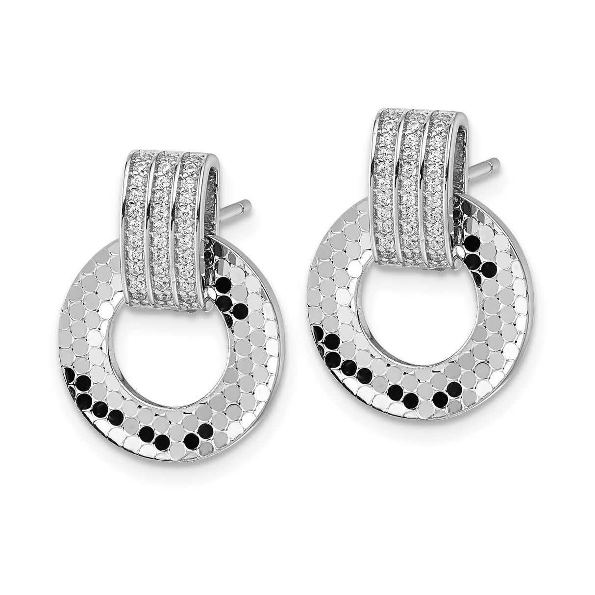 Sterling Silver Dangle Stud Earrings with Cubic Zirconia Pavé Bar and Textured Open Circle Design